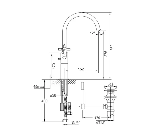 Steinberg - 250 1550 Single hole basin mixer with pop up waste 1 ¼“