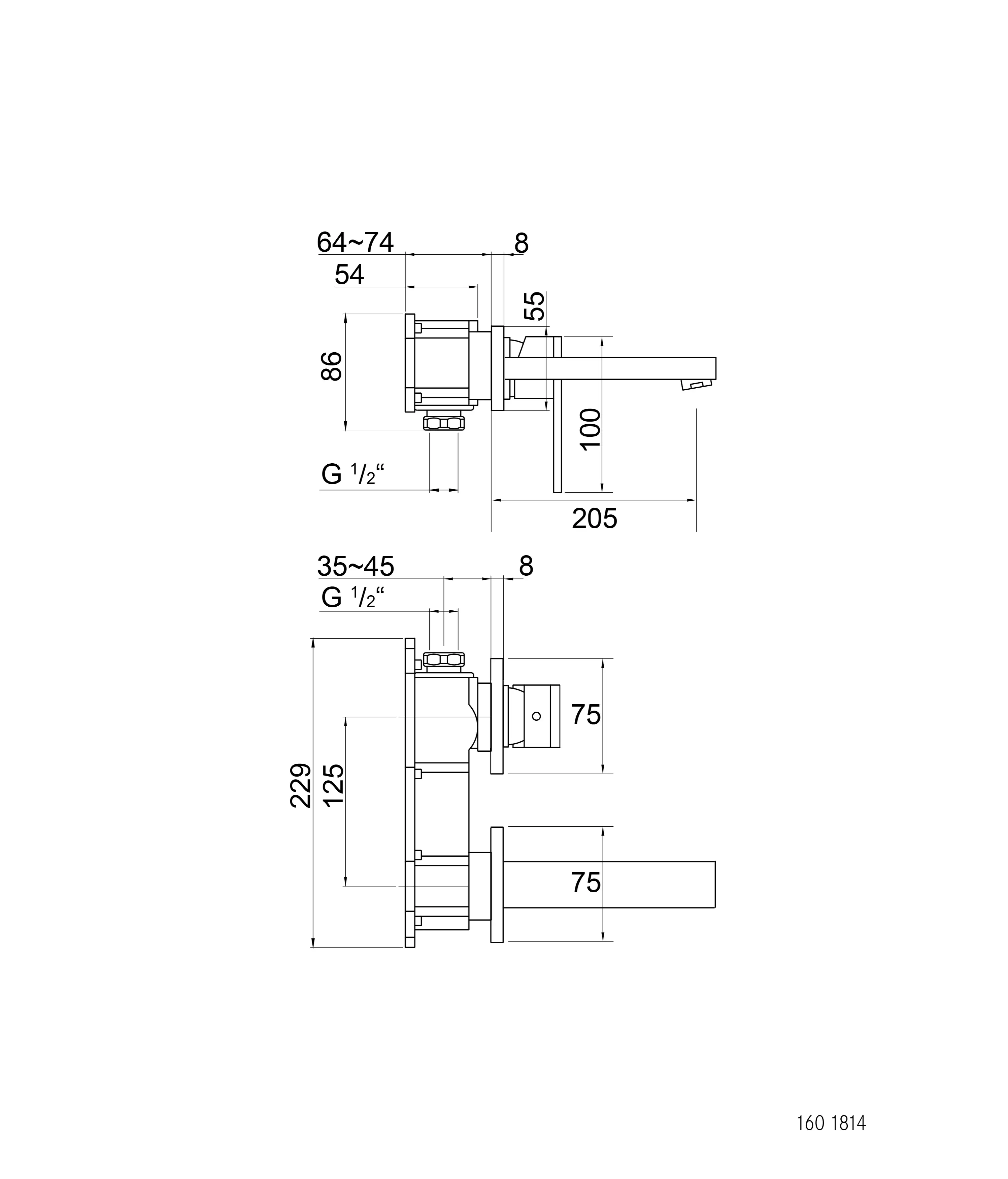 Steinberg - 160 1814 3 Wall mounted single lever basin mixer (Finish set)