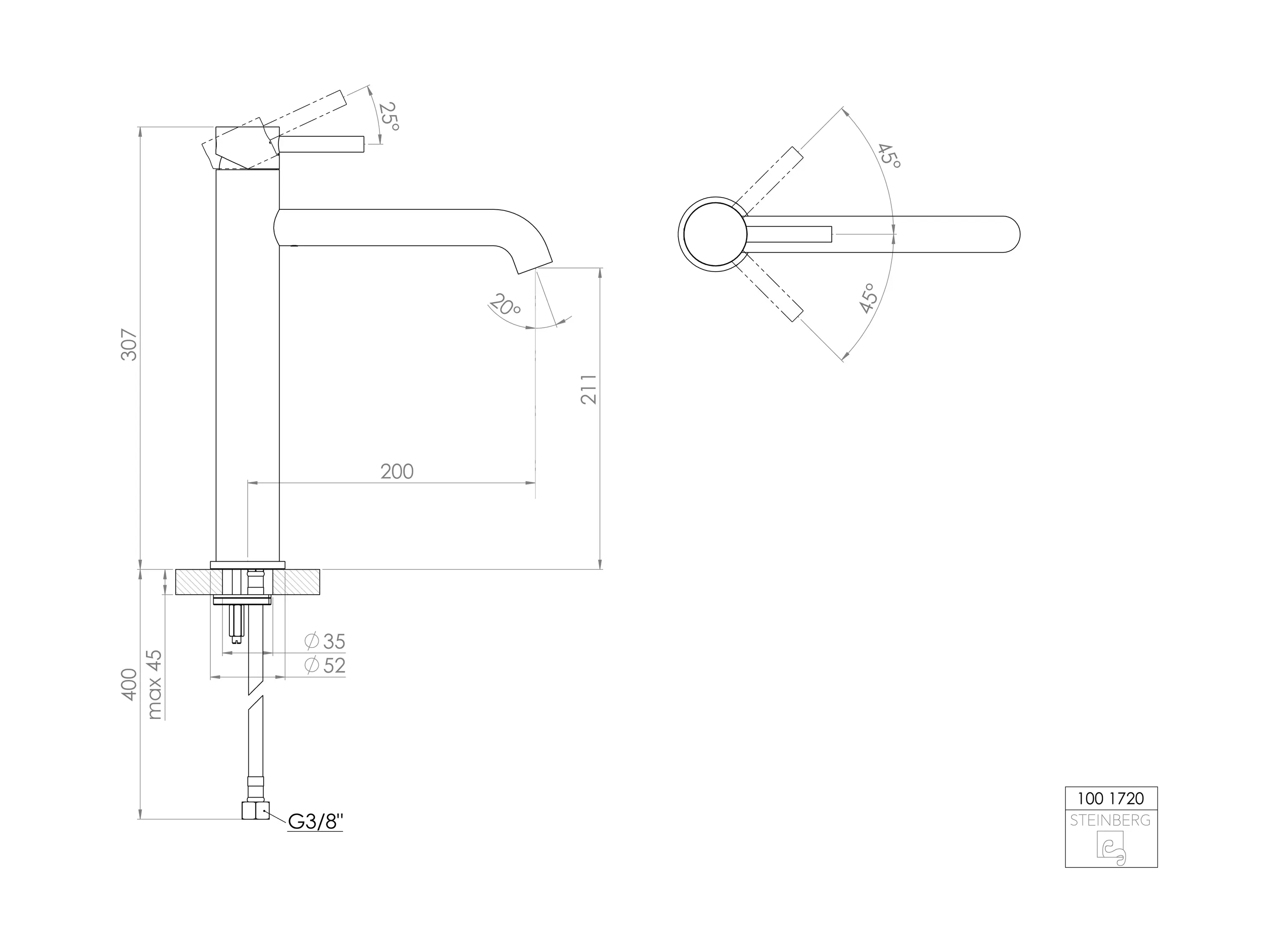 Steinberg - 100 1720 Single lever basin mixer without pop up waste