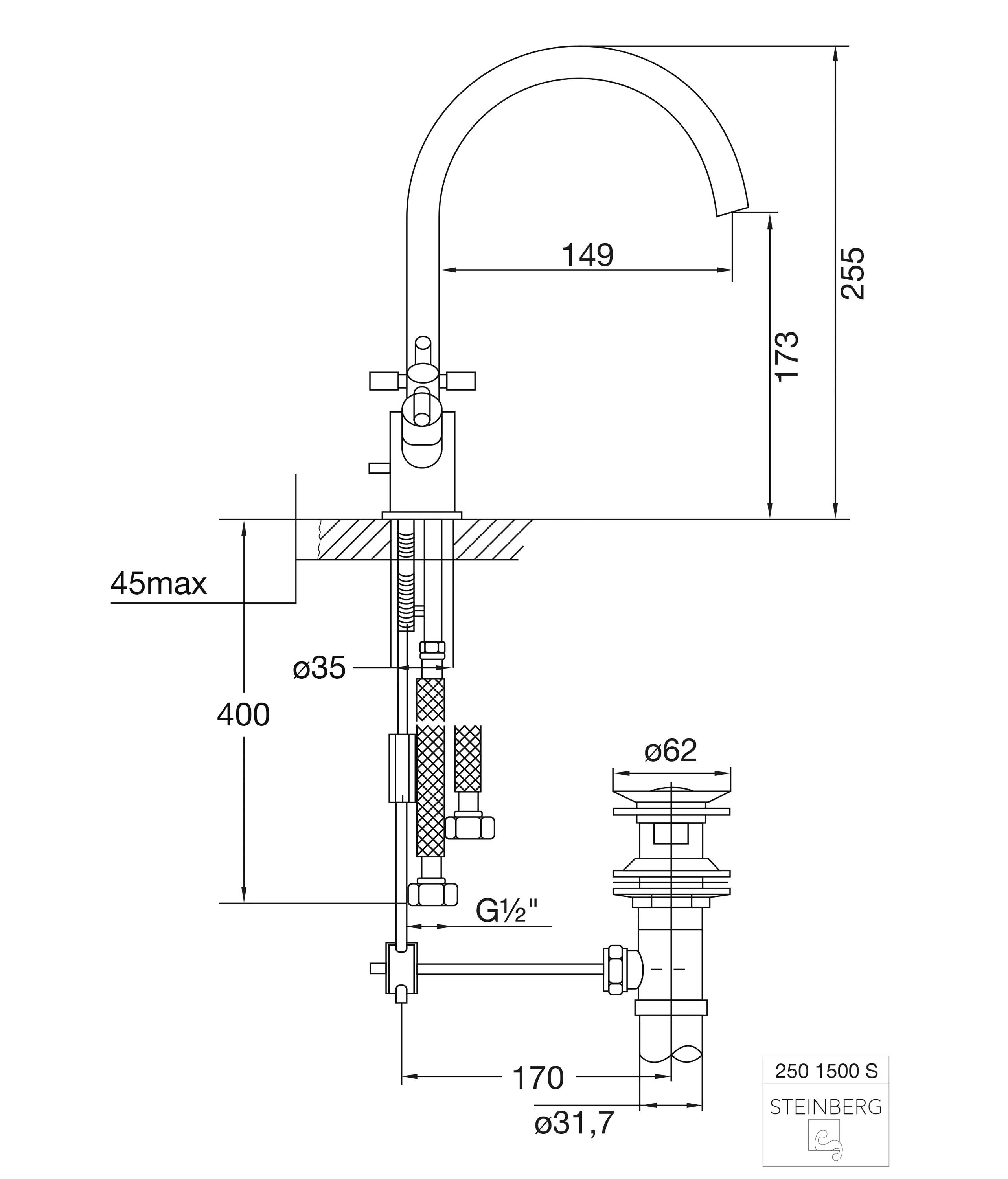 Steinberg - 250 1500 S Single hole basin mixer with pop up waste 1 ¼“