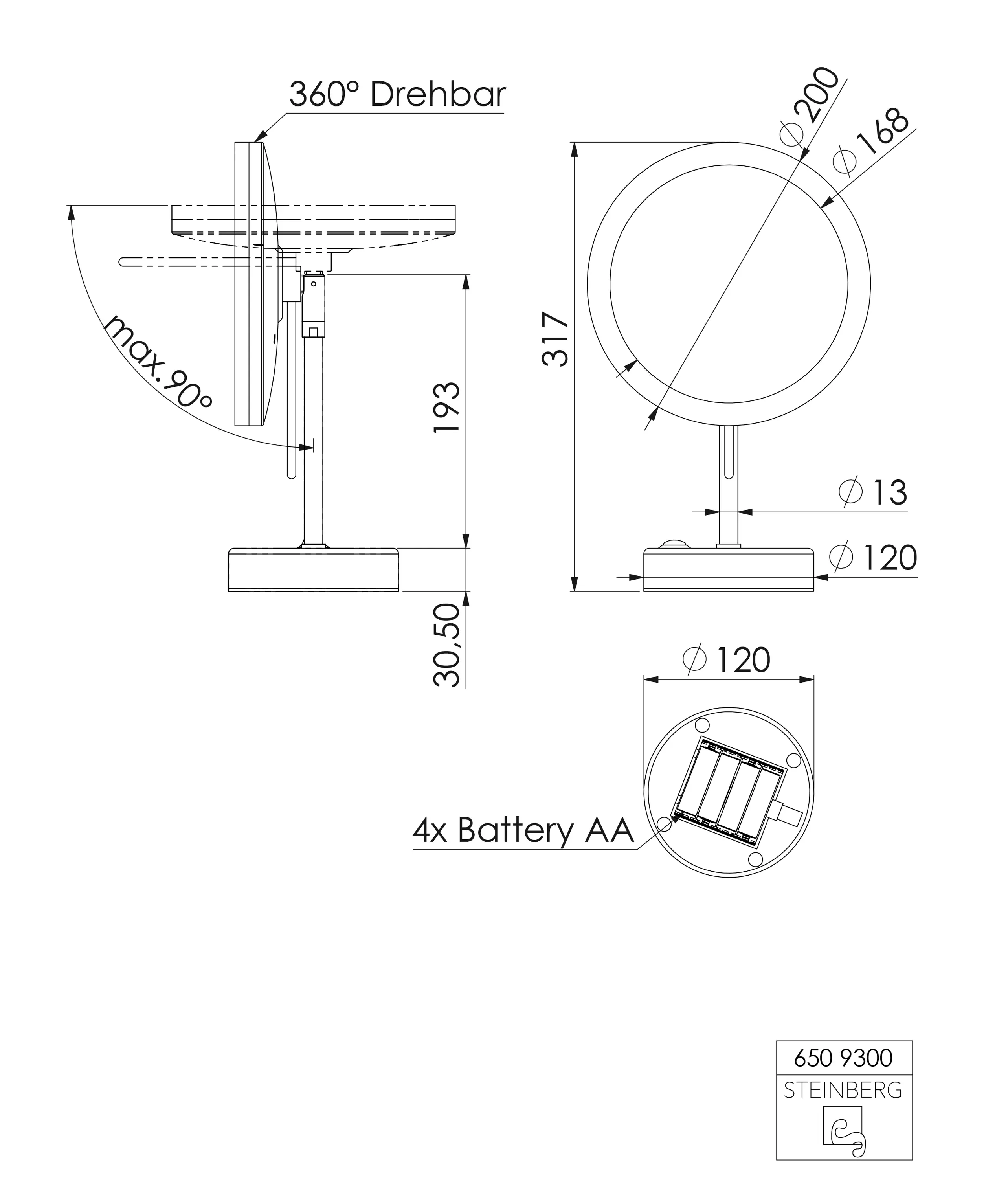 Steinberg - 650 9300 LED cosmetic mirror with stand