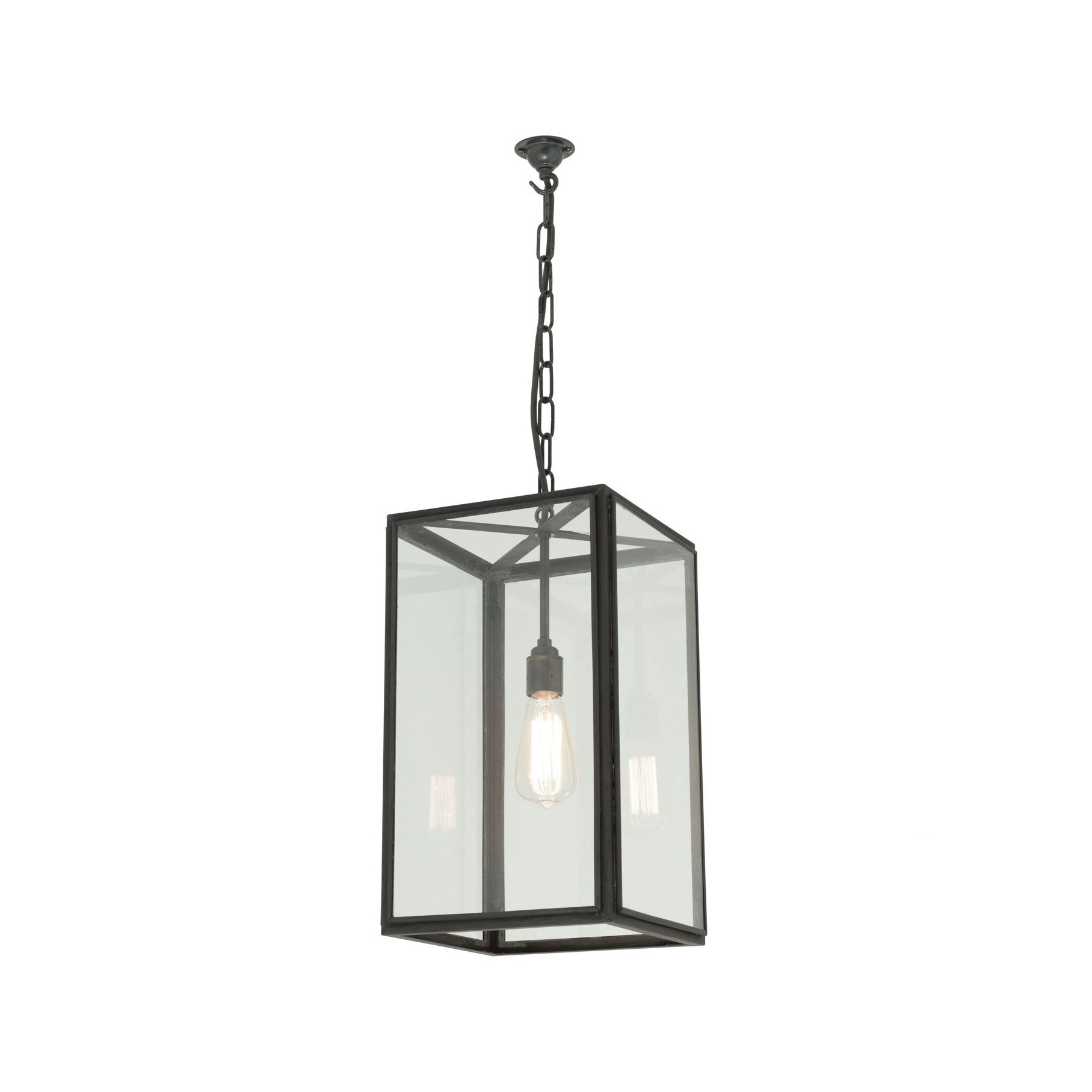 Display product 7639 Medium Square Pendant, External Glass, Weathered Brass, Clear Glass from manufacturer Original BTC