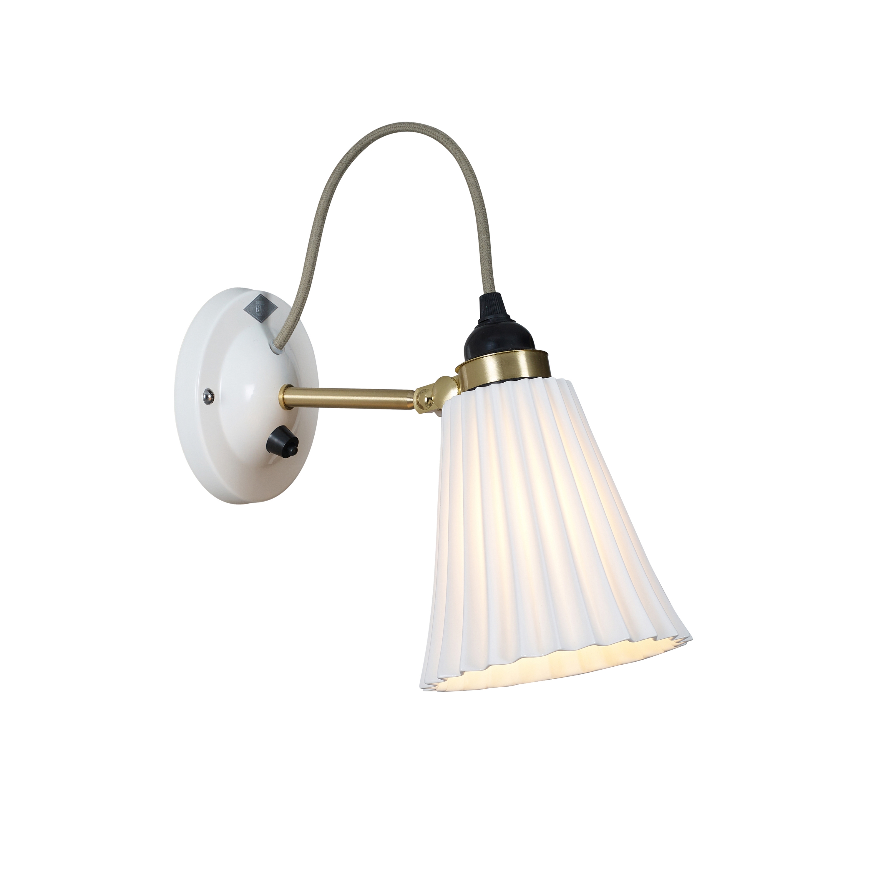 Display product Hector Pleat Medium Wall Switched, Satin Brass, Natural, with Grey Cable from manufacturer Original BTC