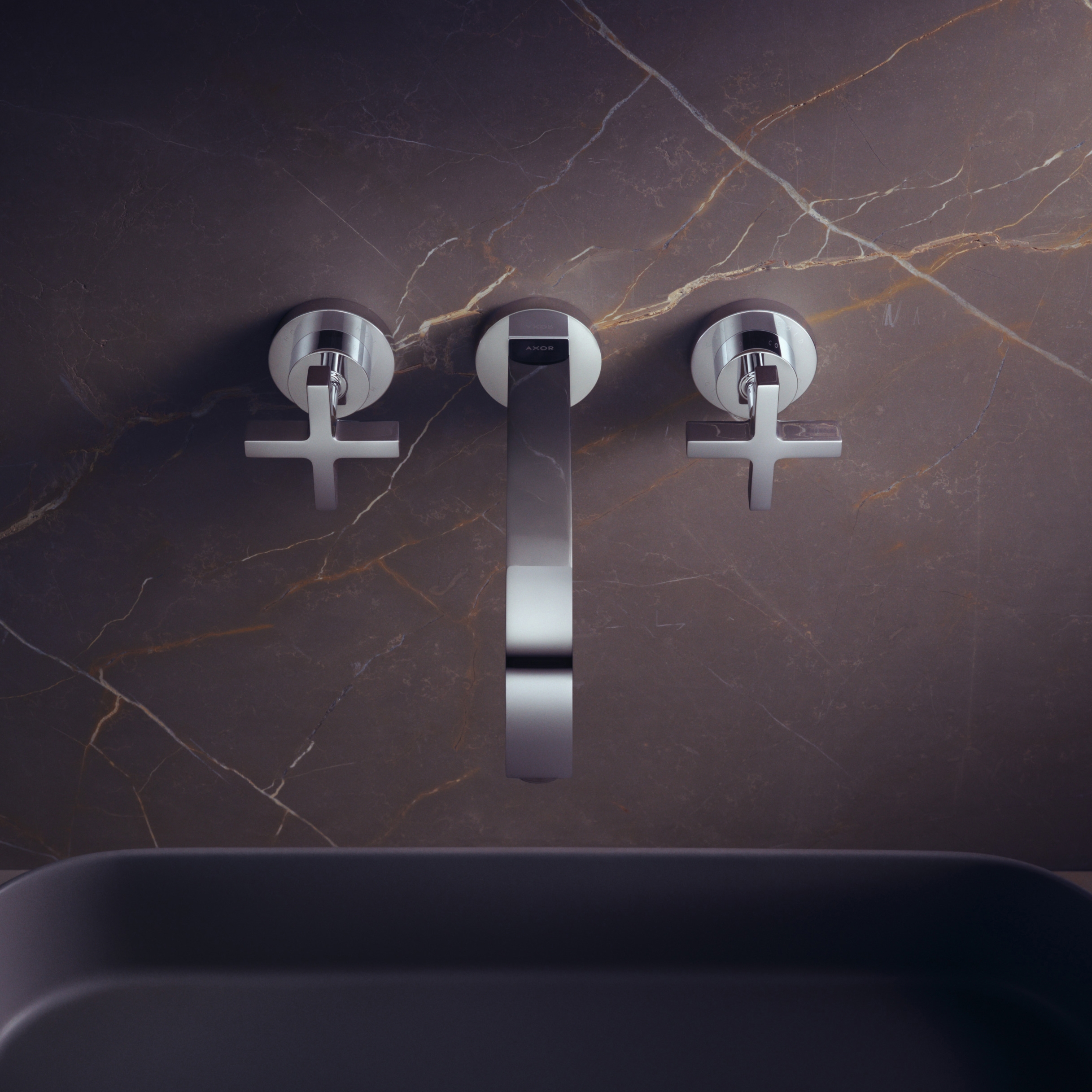 Display product AXOR Citterio 3-Hole Basin Mixer for concealed installation with cross handles escutcheons and spout 222mm DN15 wall mounting from manufacturer AXOR