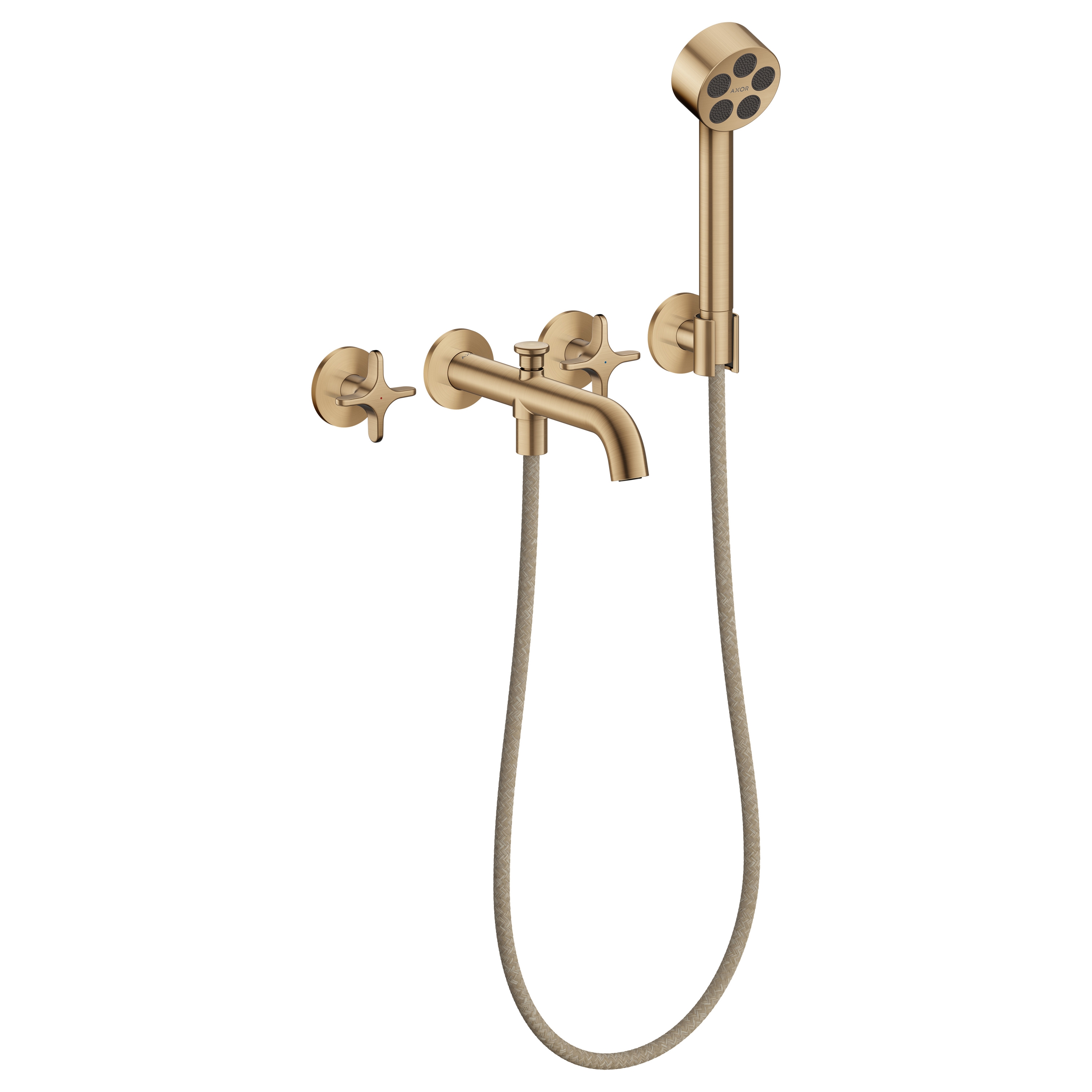 AXOR One 3-Loch Wannenarmatur Unterputz für Wandmontage mit Kreuzgriffen und Handbrause I Brushed Bronze