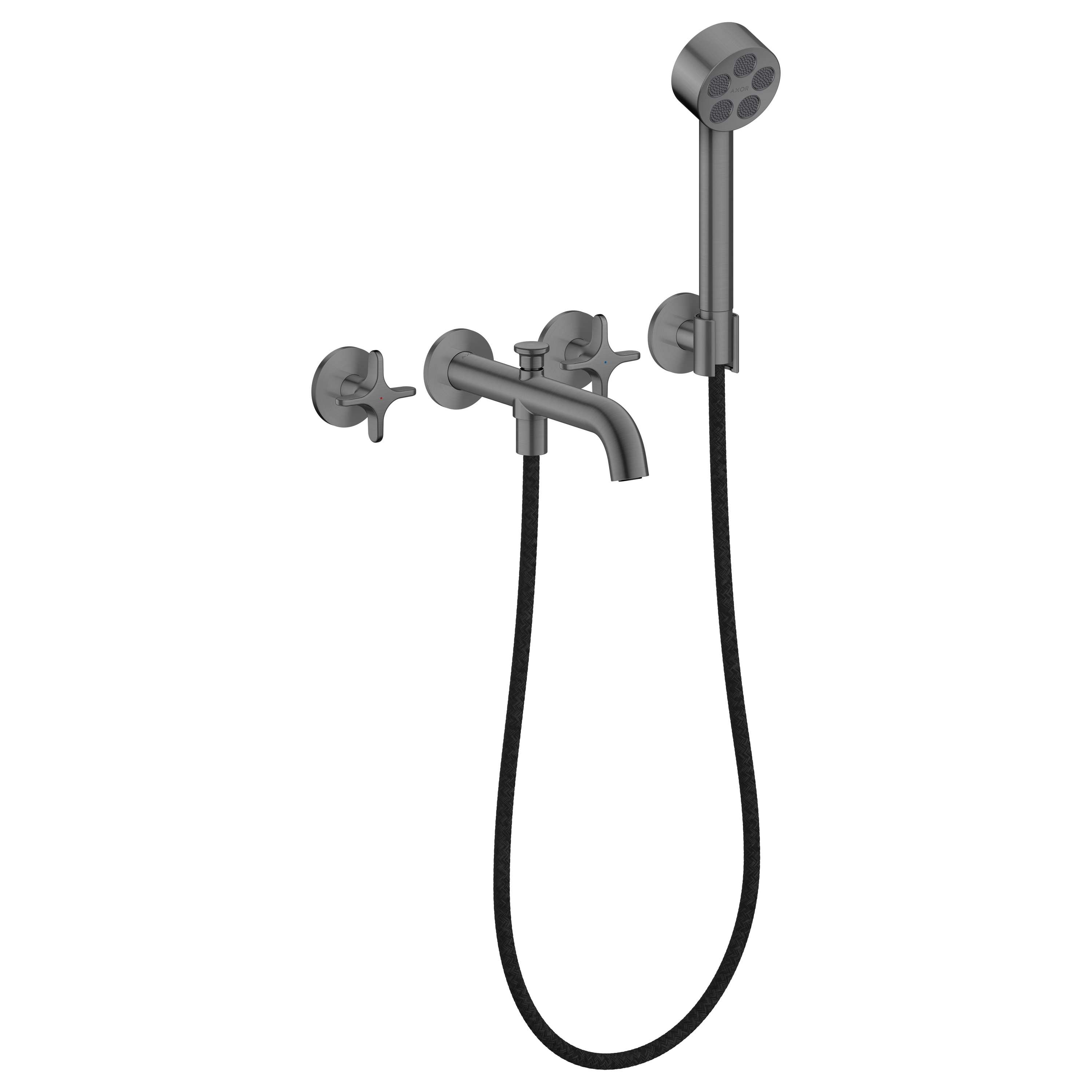 AXOR One 3-Loch Wannenarmatur Unterputz für Wandmontage mit Kreuzgriffen und Handbrause I Brushed Black Chrome