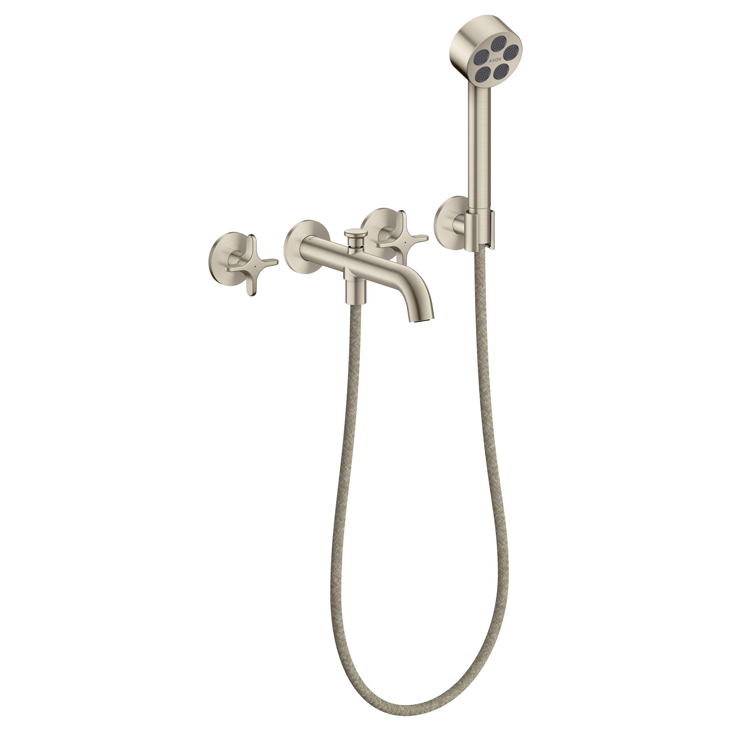 AXOR One 3-Loch Wannenarmatur Unterputz für Wandmontage mit Kreuzgriffen und Handbrause I Brushed Nickel