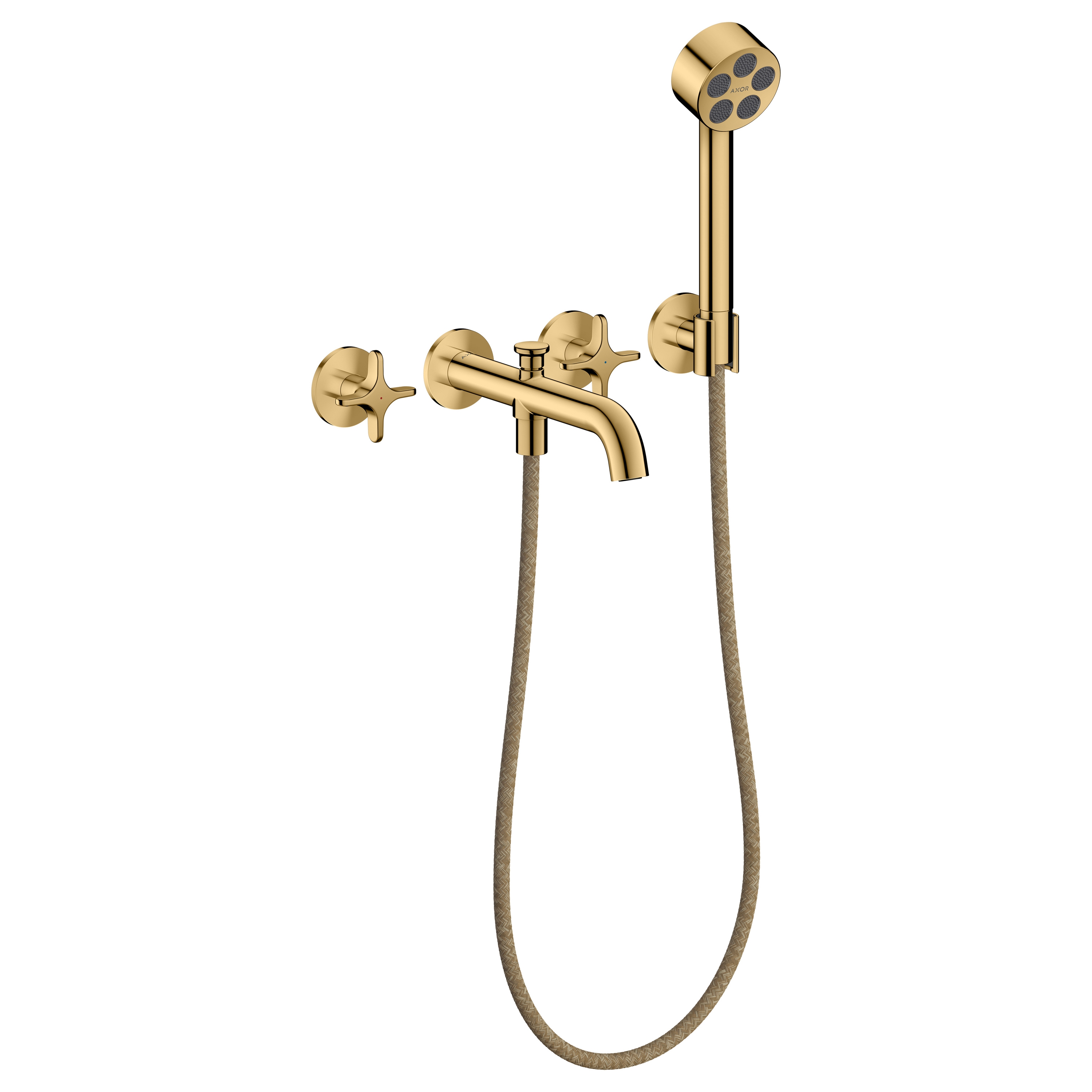 AXOR One 3-Loch Wannenarmatur Unterputz für Wandmontage mit Kreuzgriffen und Handbrause I Polished Gold Optic