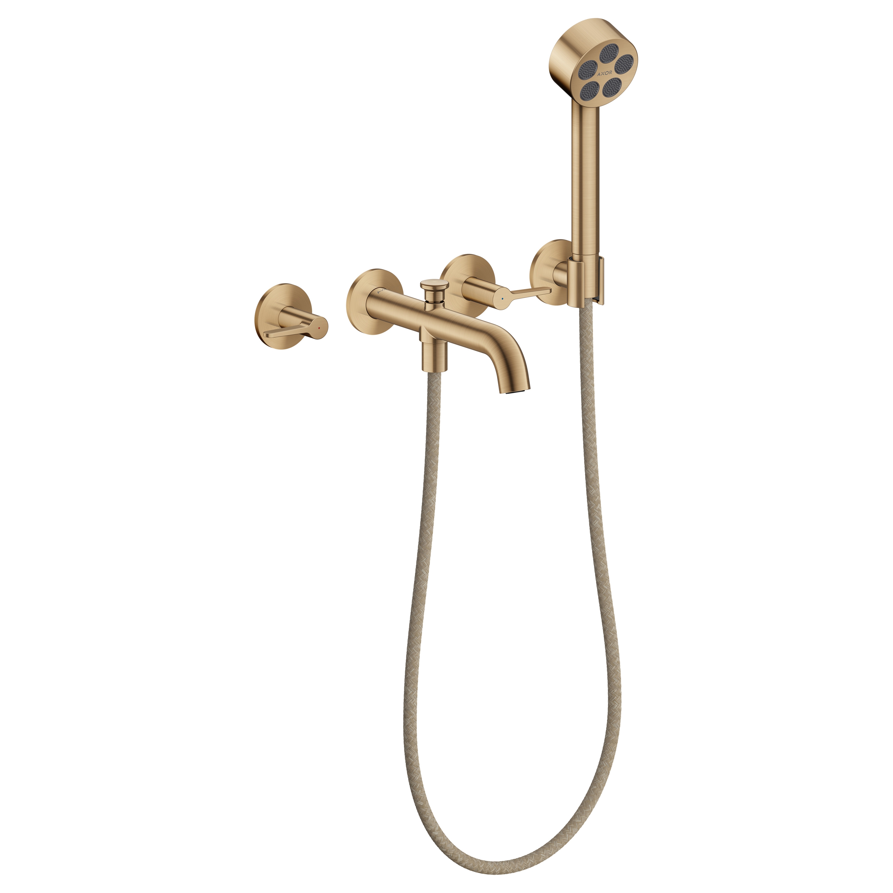 AXOR One 3-hole bath mixer for concealed installation wall-mounted with lever handles and hand shower I Brushed Bronze