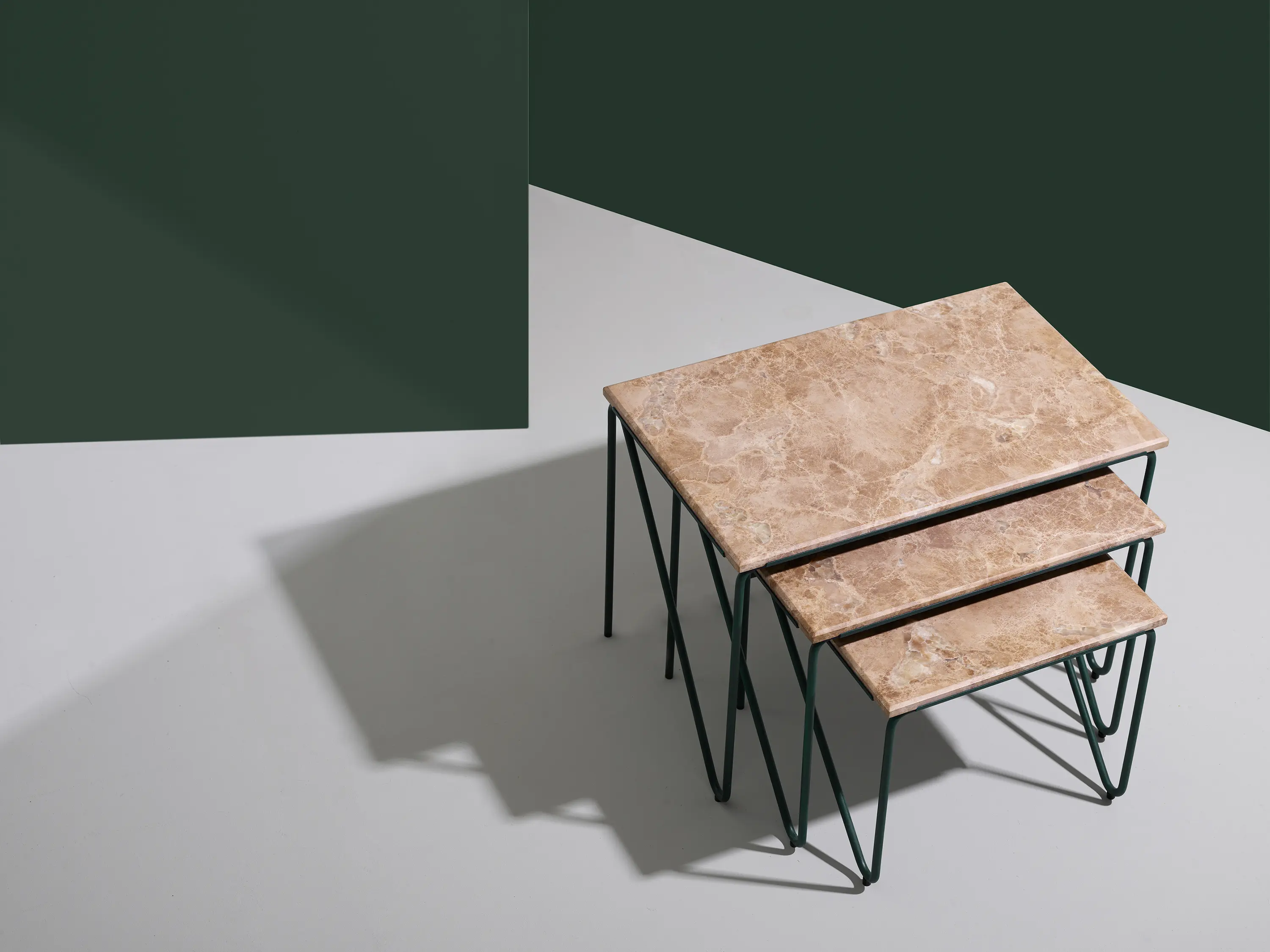 Please Wait to be Seated - Tryptich Nesting Tables | Cedar Green with Monaco Brown Marble