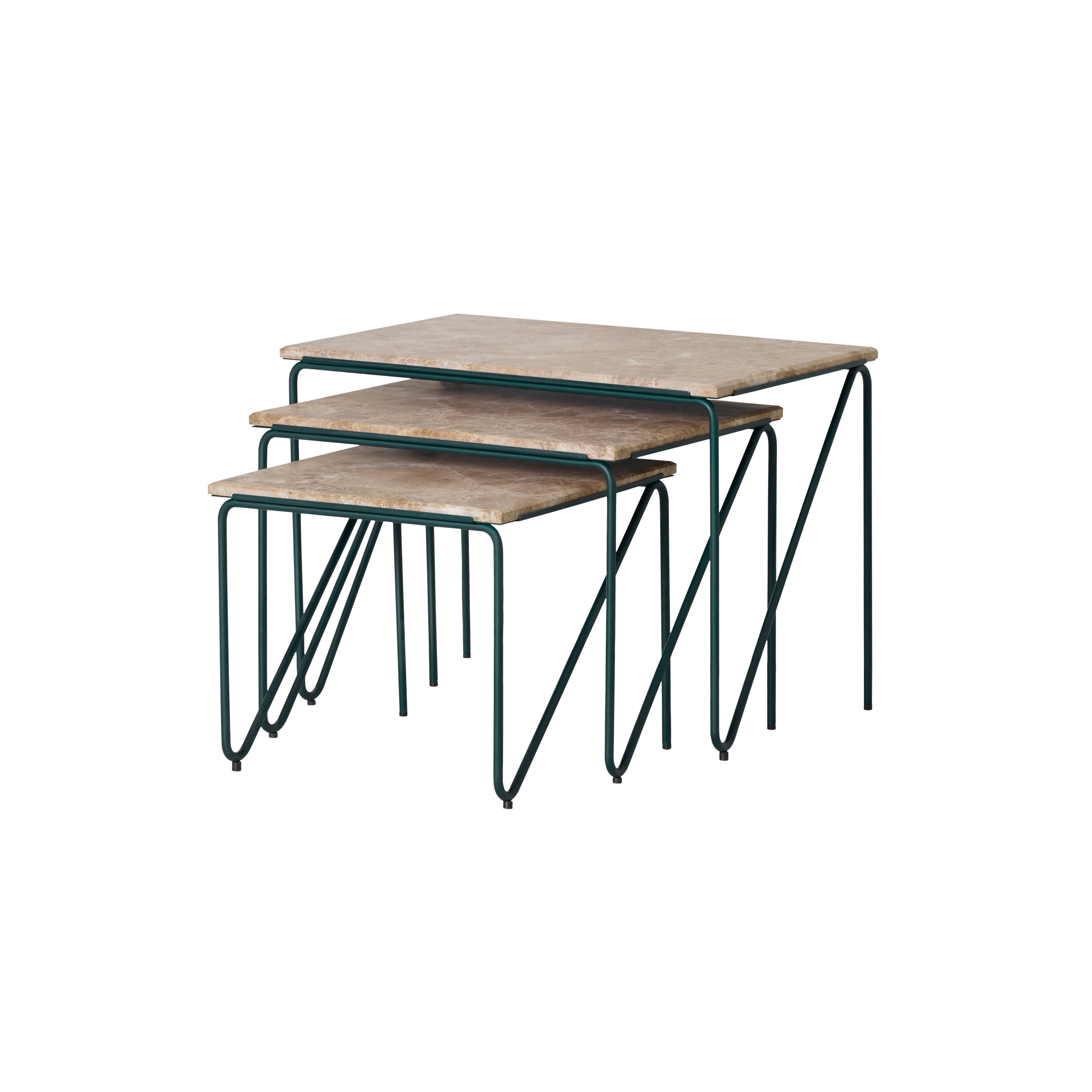 Display product Tryptich Nesting Tables | Cedar Green with Monaco Brown Marble from manufacturer Please Wait to be Seated