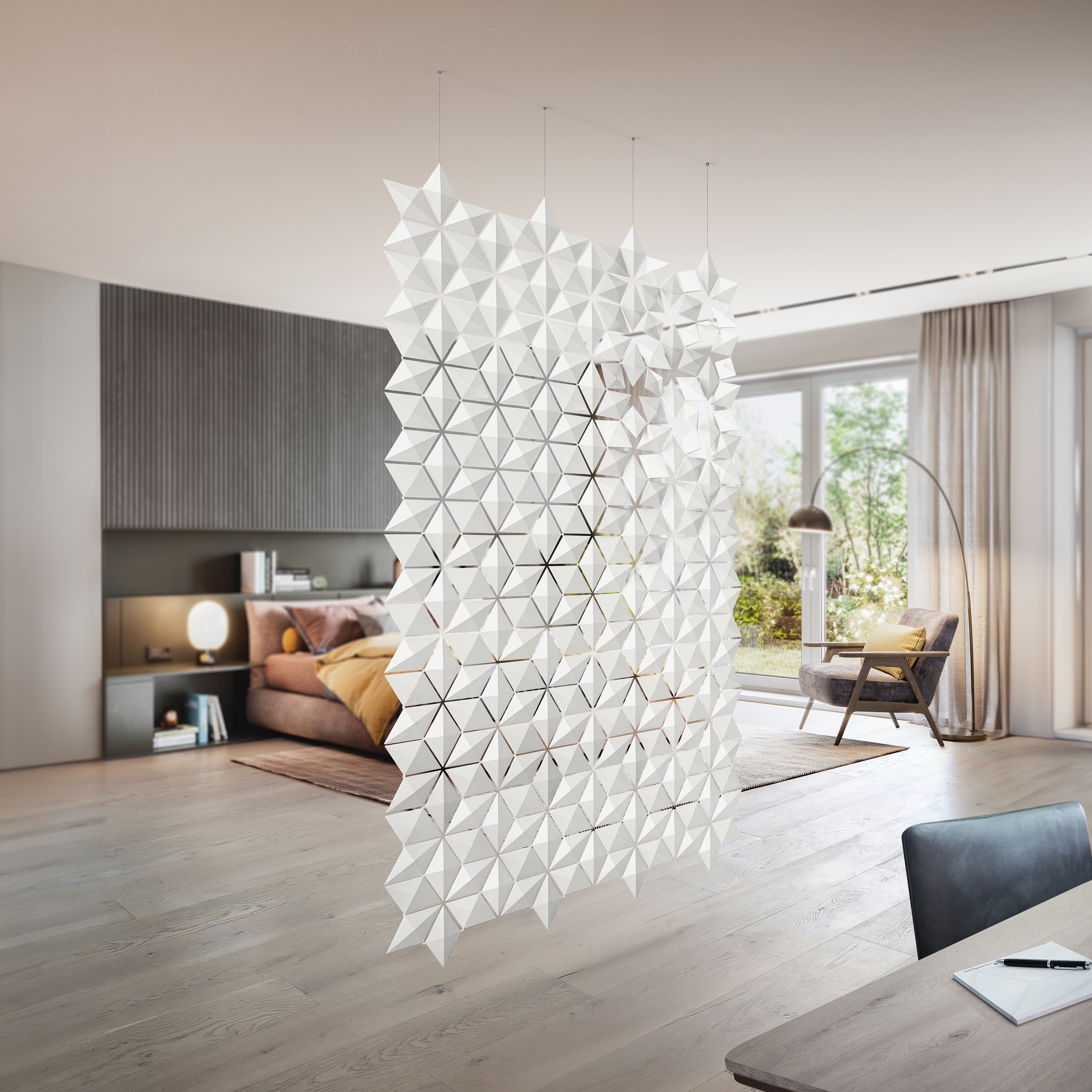 Divisorio sospeso Facet 136 x 236 cm in bianco