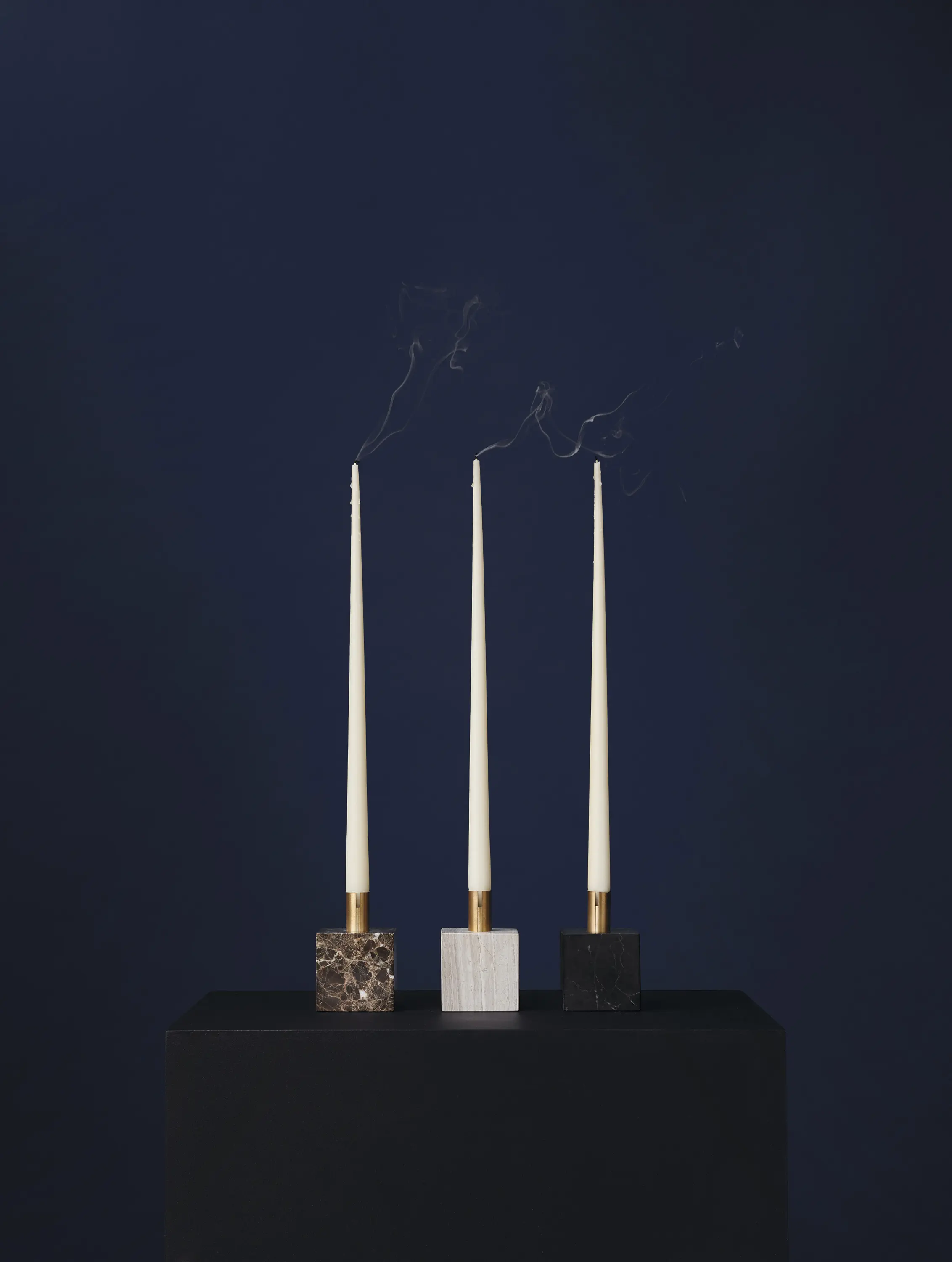 NEW WORKS - Block Candle Holder Light Fossil Marble w. Brass