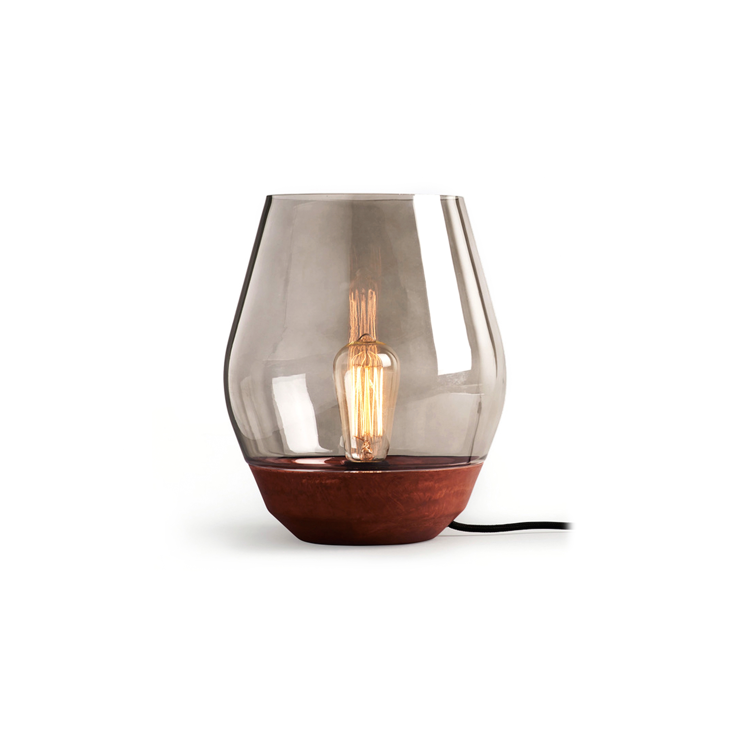 Bowl Table Lamp Raw Copper w. Light Smoked Glass