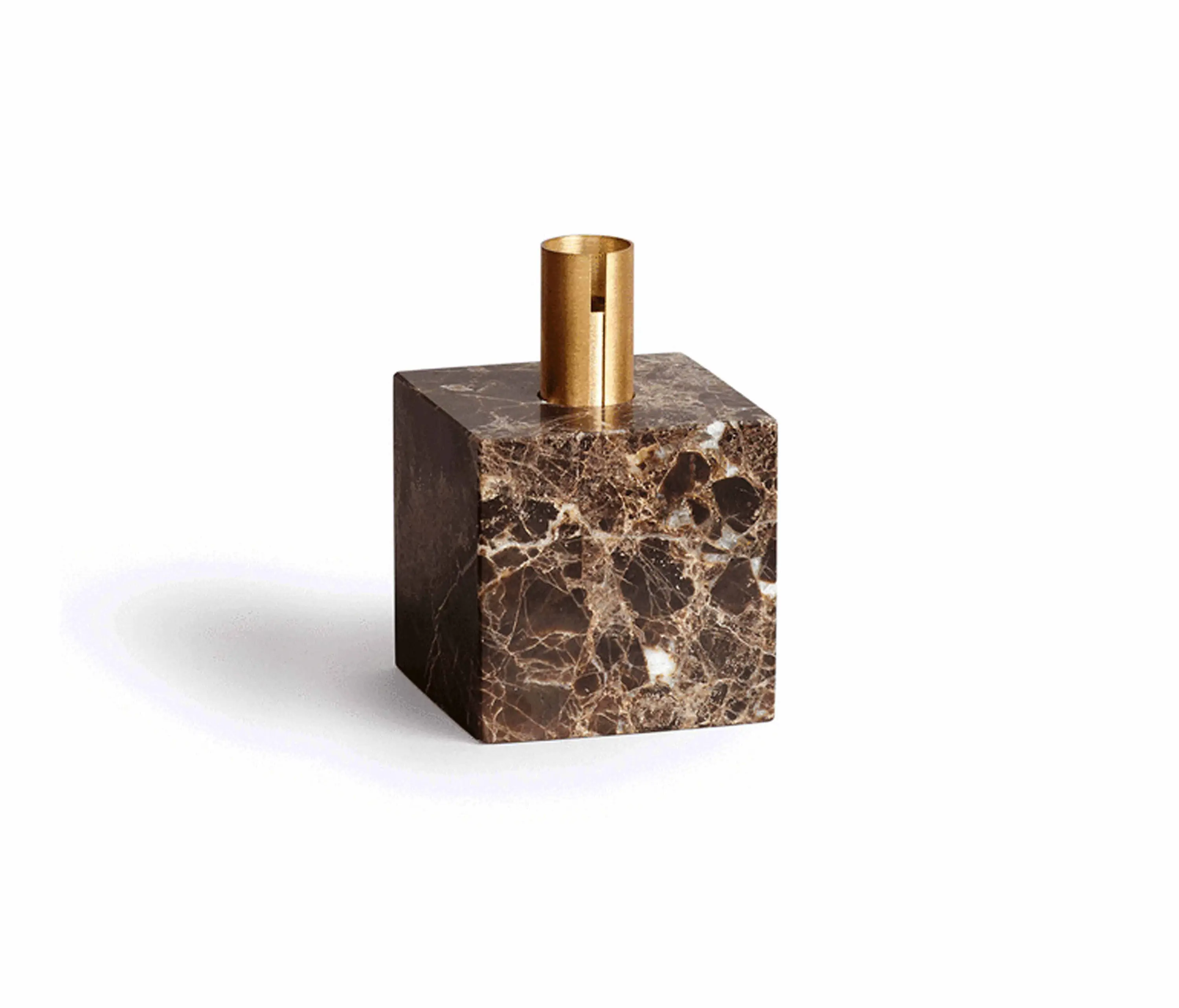 NEW WORKS - Block Candle Holder Dark Brown Marble w. Brass