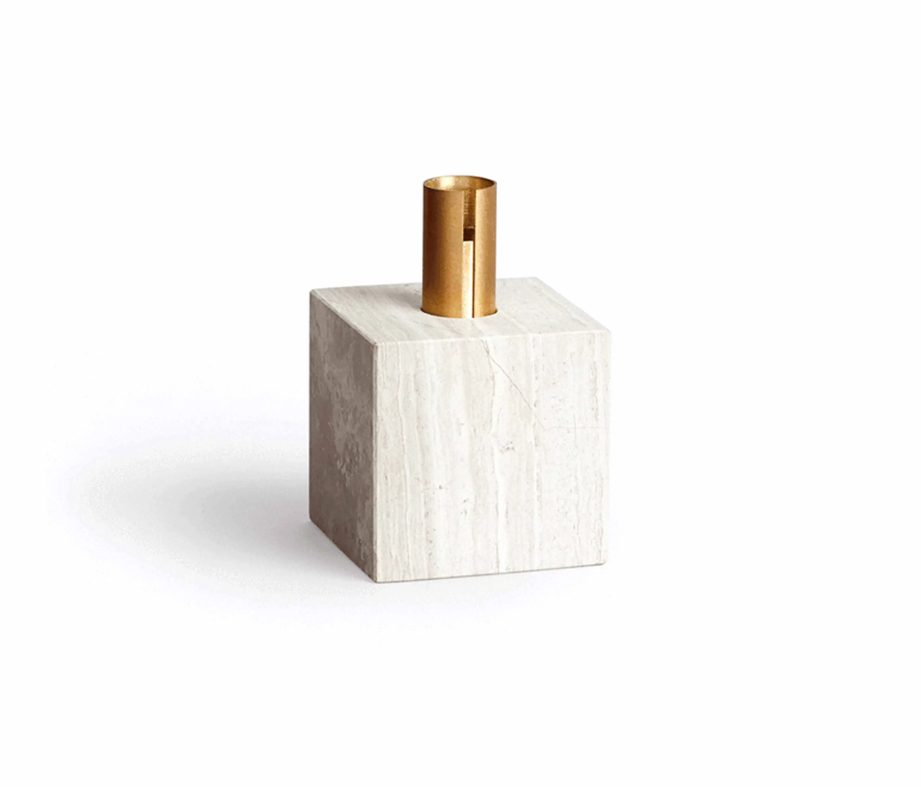 NEW WORKS - Block Candle Holder Light Fossil Marble w. Brass