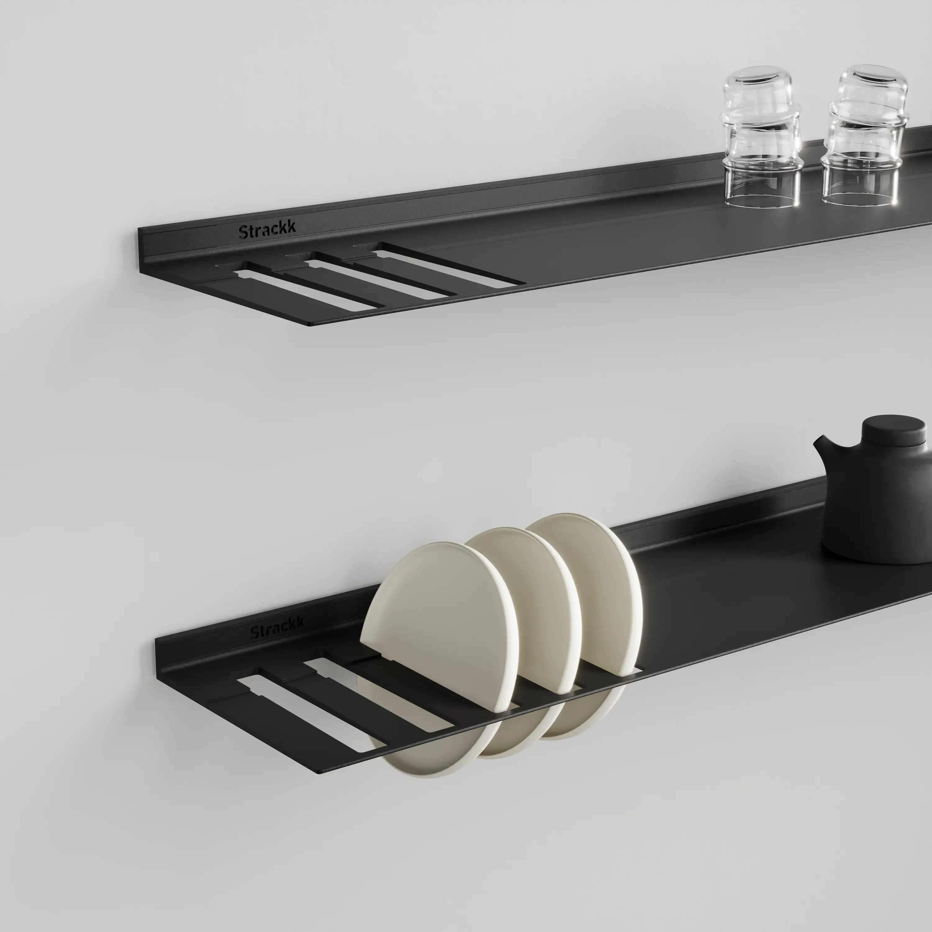 Strackk - Wall shelf with plates rack | Black RAL9005