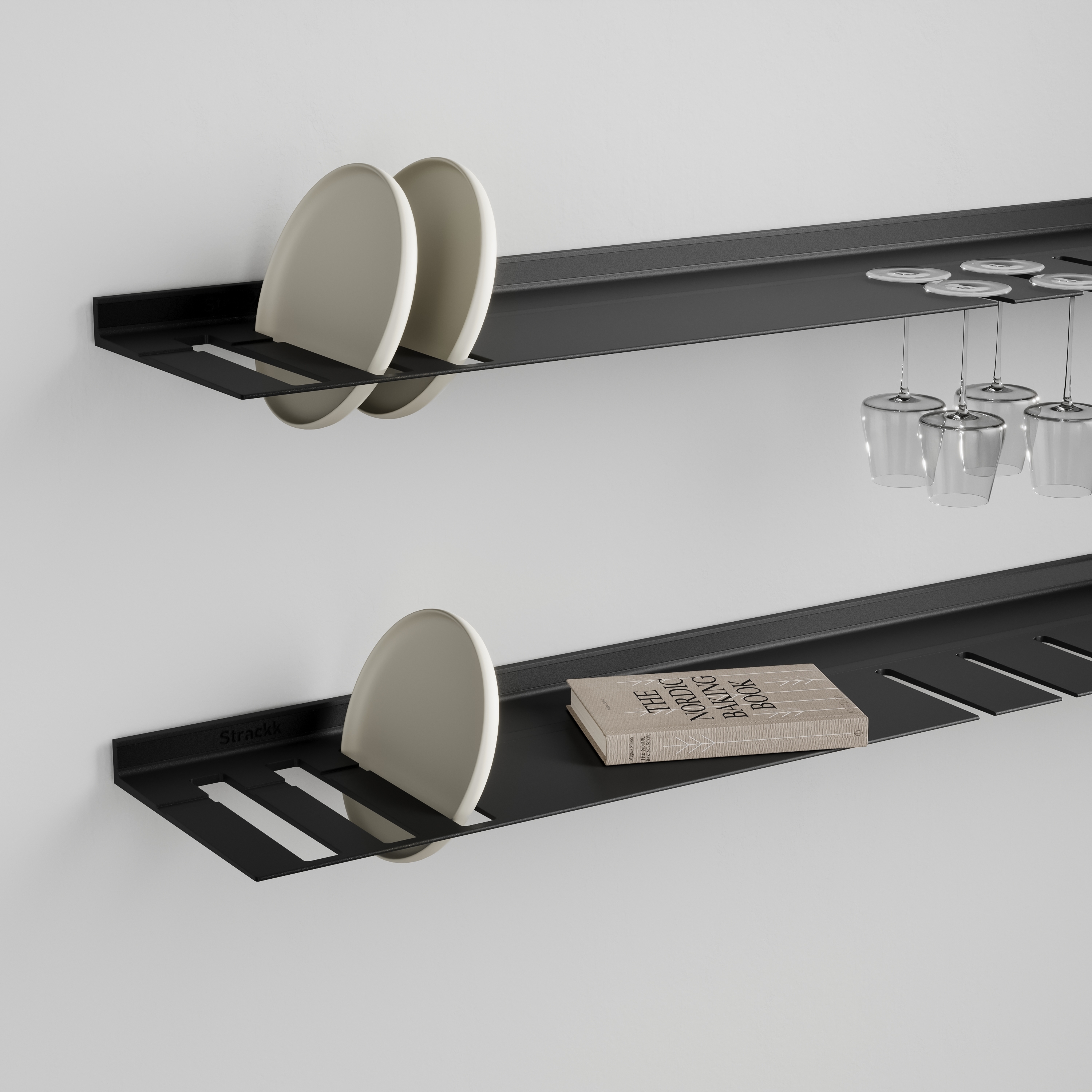 Wall shelf with plates and wine glass rack | Black RAL9005