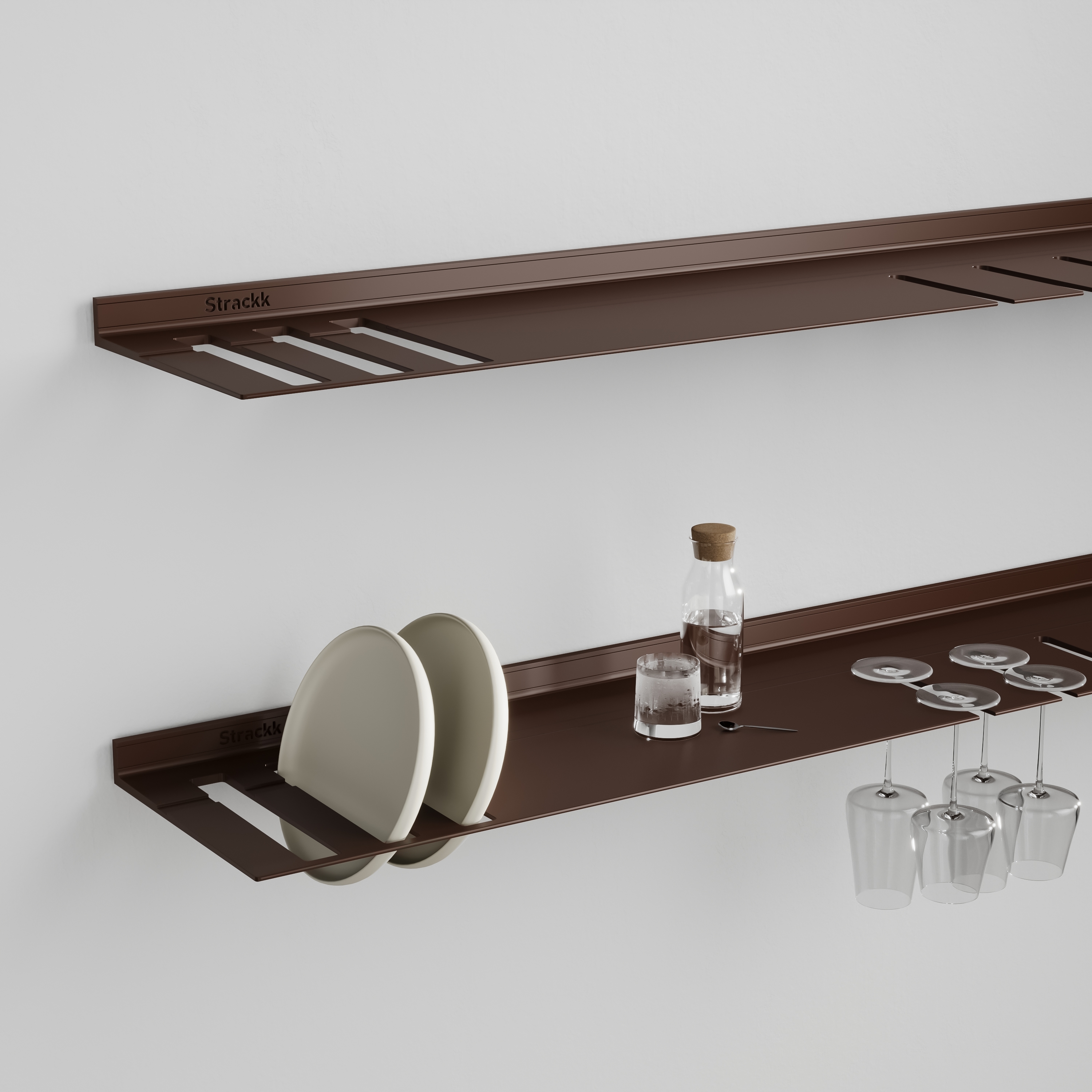 Wall shelf with plates and wine glass rack | Bronze