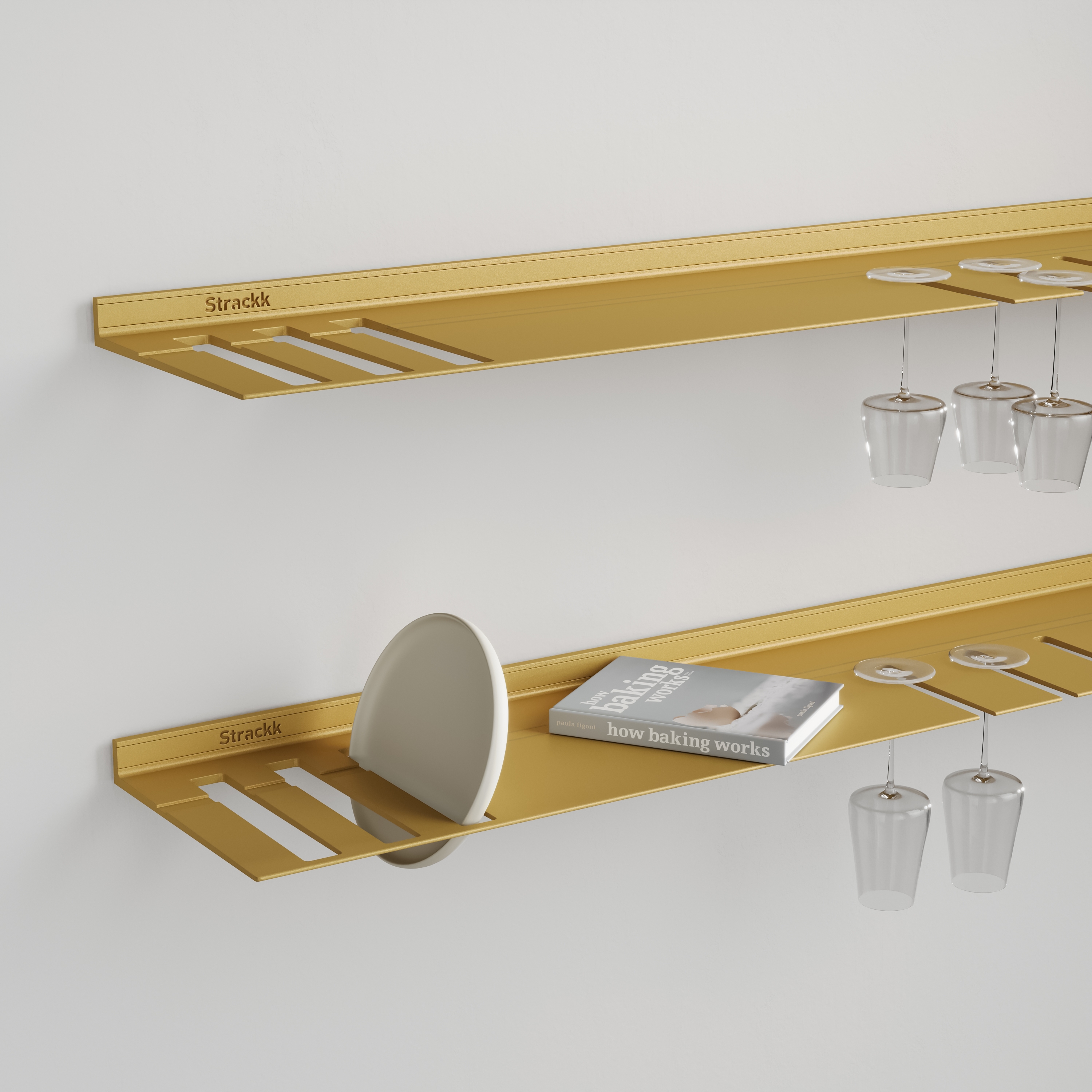 Wall shelf with plates and wine glass rack | Gold