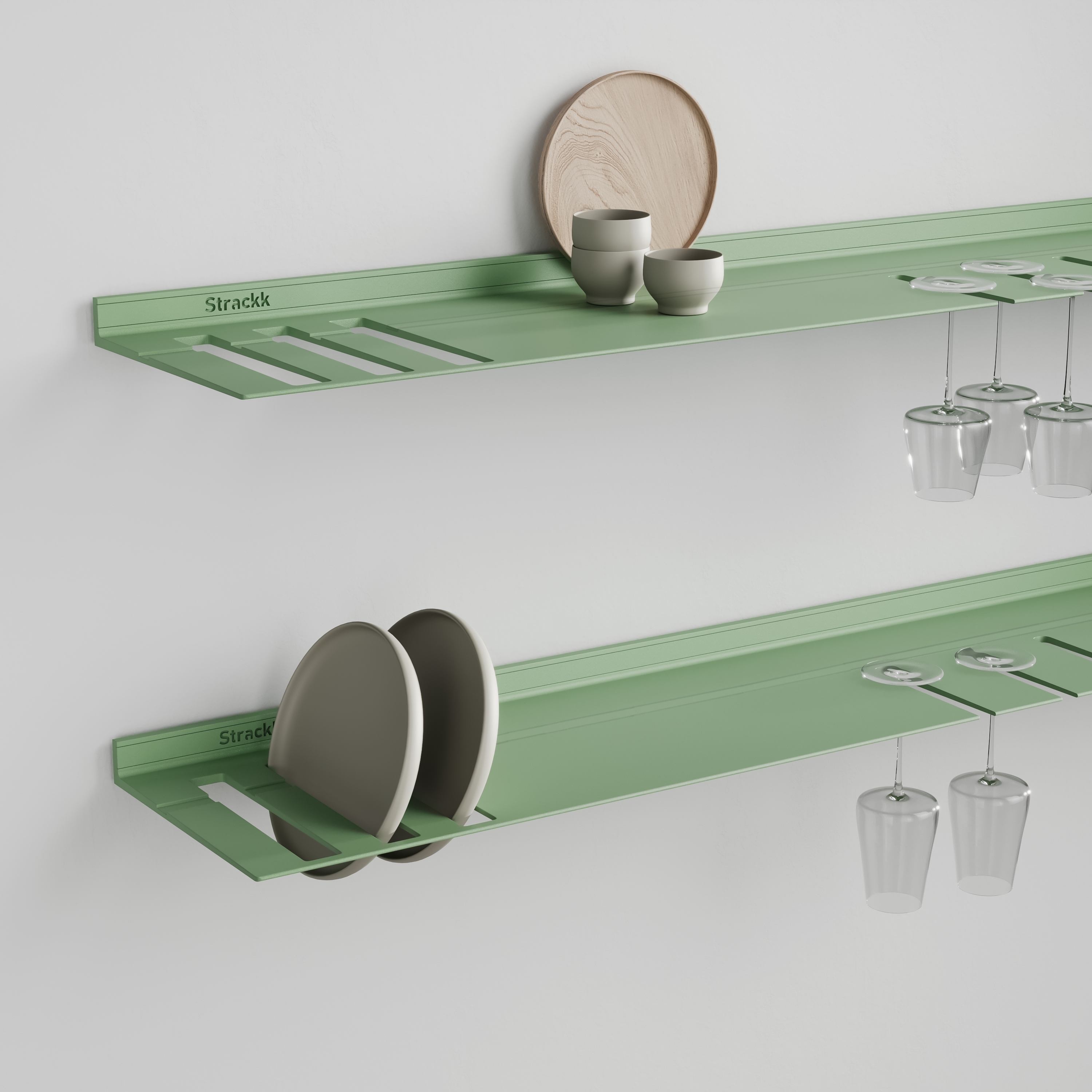 Wall shelf with plates and wine glass rack | Green RAL6021
