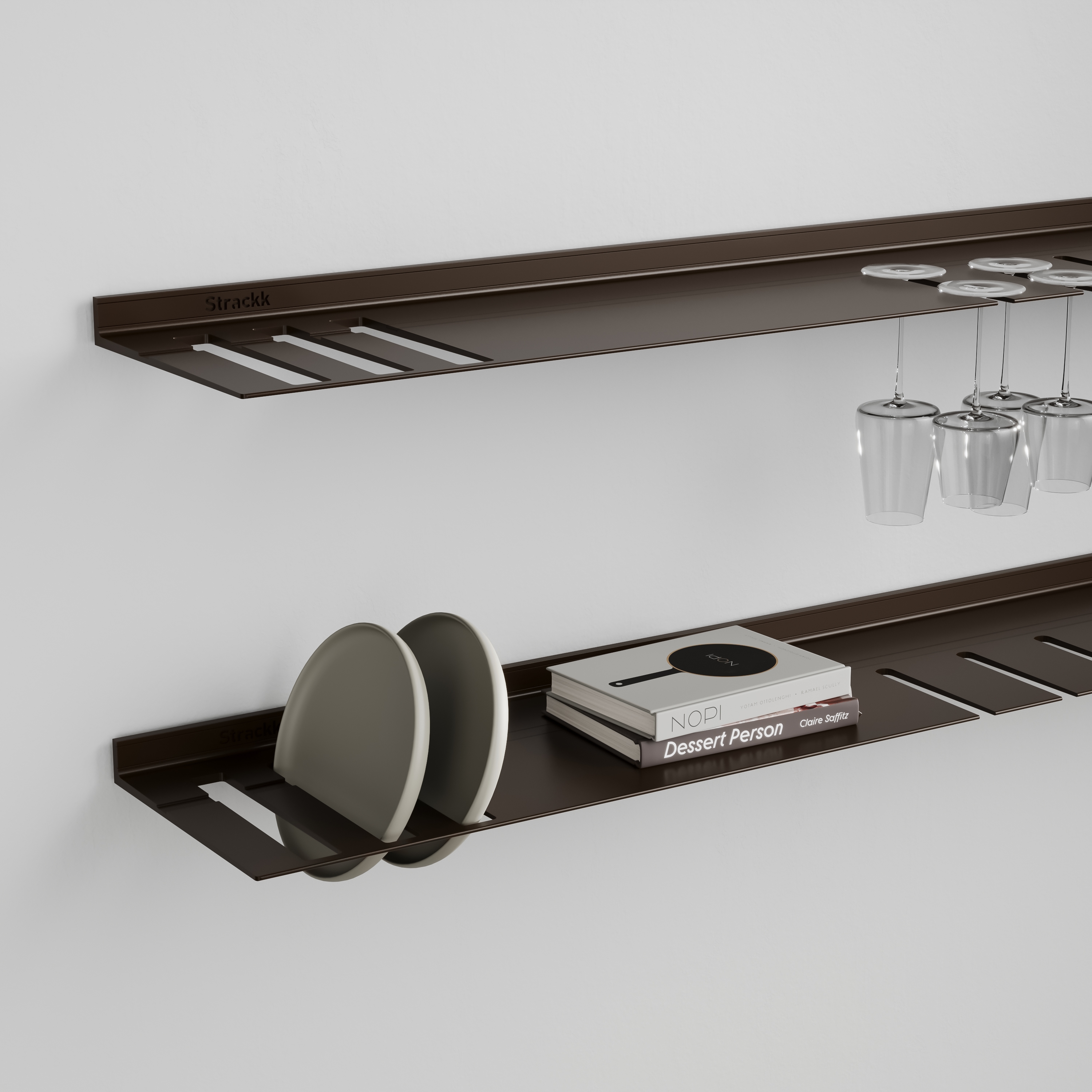 Wall shelf with plates and wine glass rack | Gunmetal