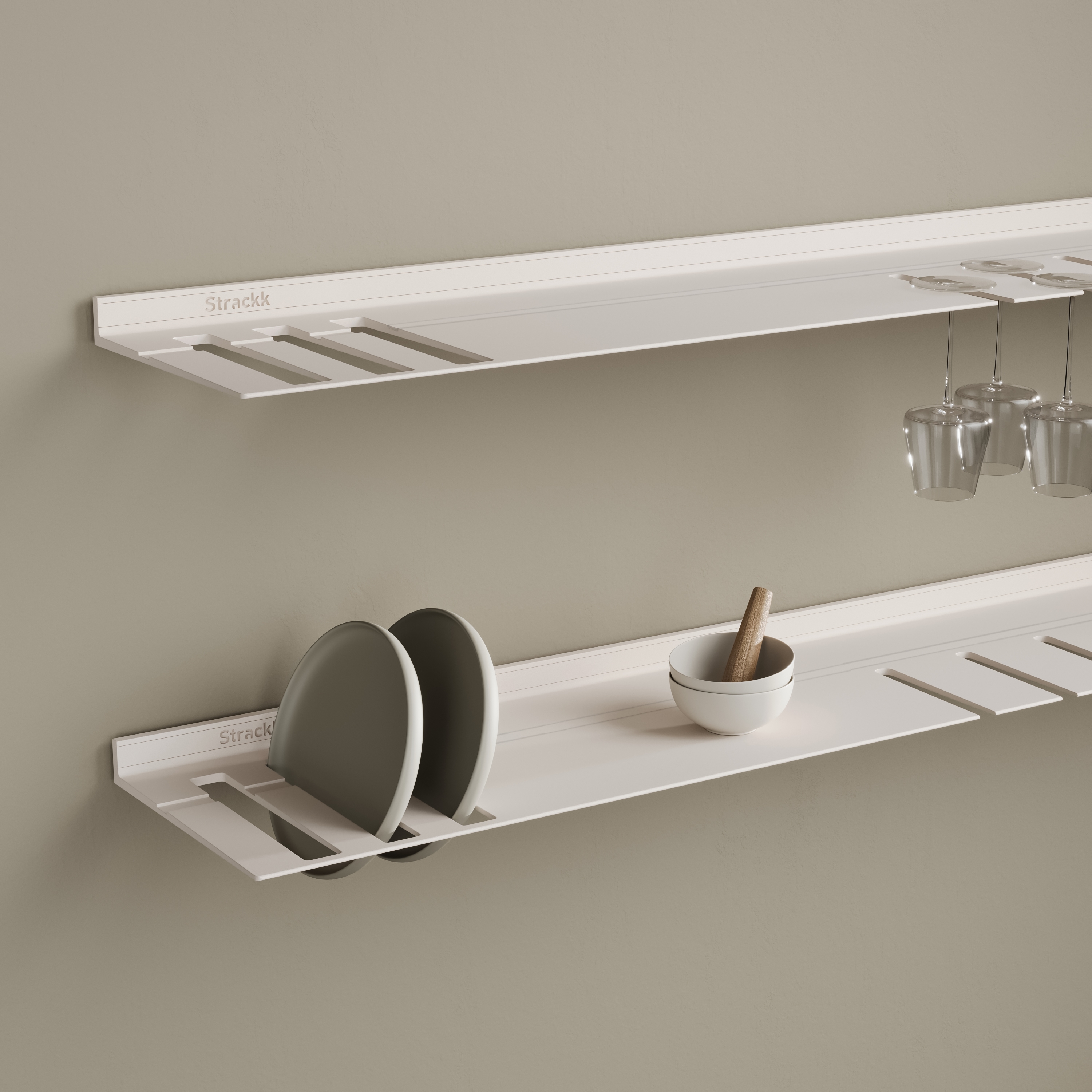 Wall shelf with plates and wine glass rack | Off-white RAL9010