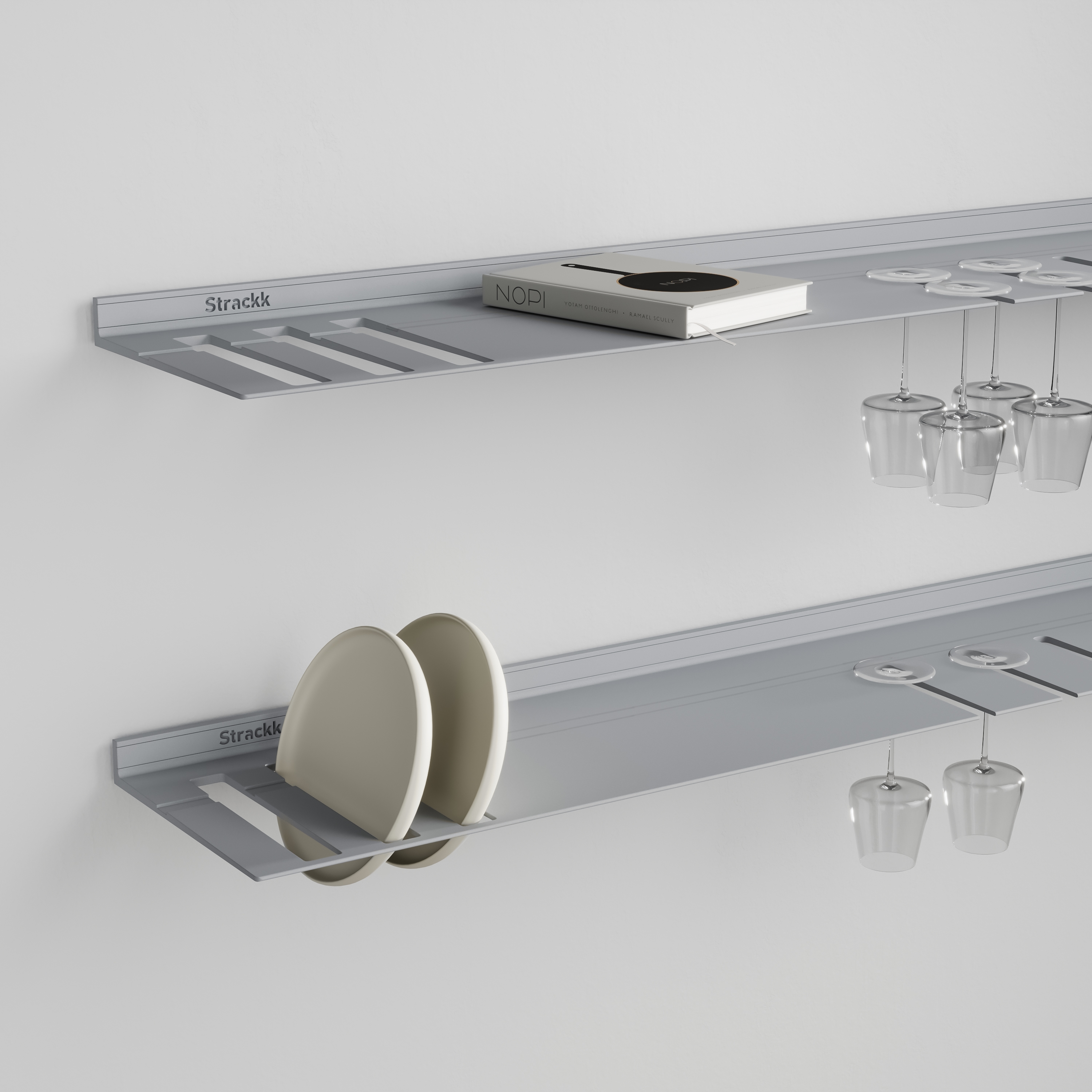 Wall shelf with plates and wine glass rack | Silvergrey RAL9006