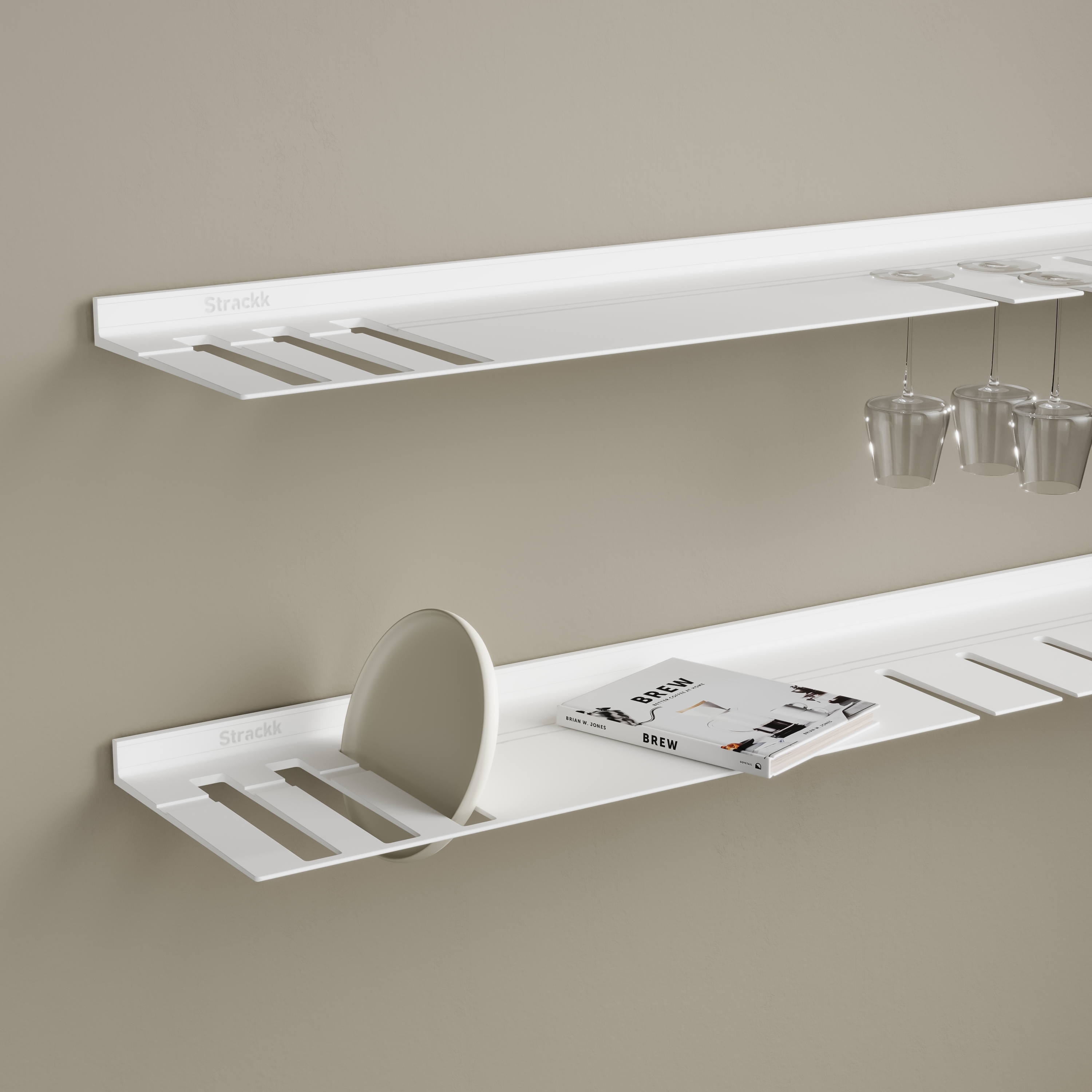 Wall shelf with plates and wine glass rack | White RAL9016