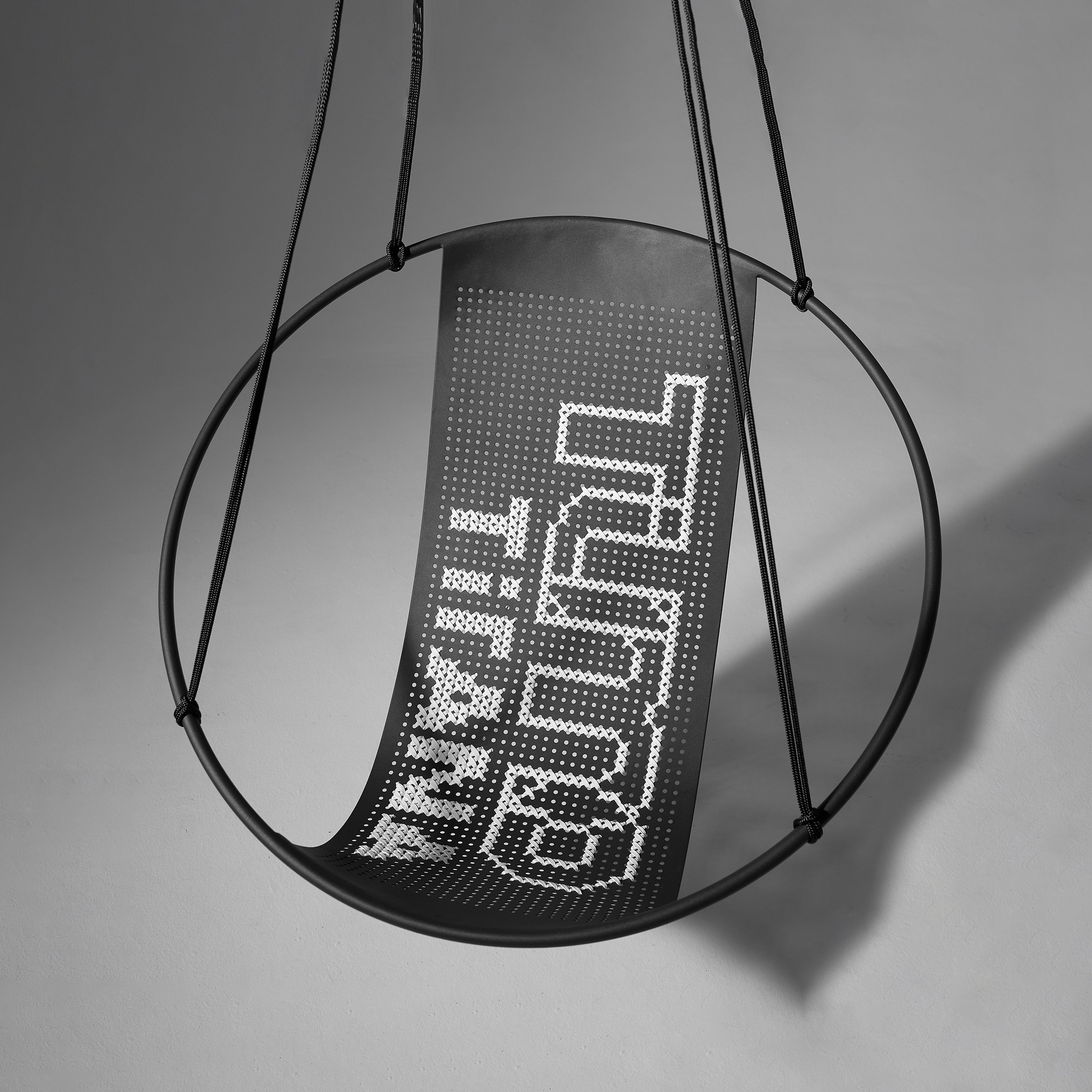 Display product Embroidery Hanging Chair Swing Seat Grey WORDS from manufacturer Studio Stirling