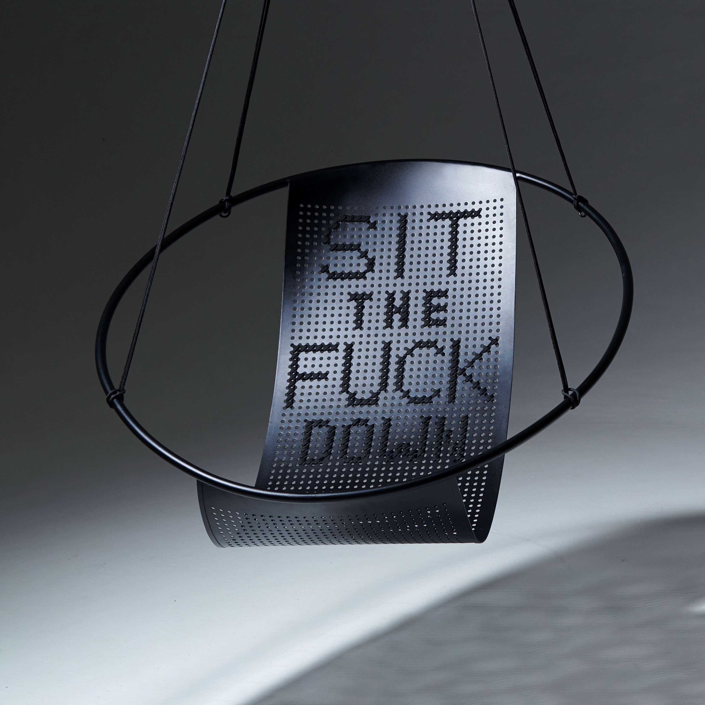 Display product Embroidery Hanging Chair Swing Seat Grey WORDS from manufacturer Studio Stirling