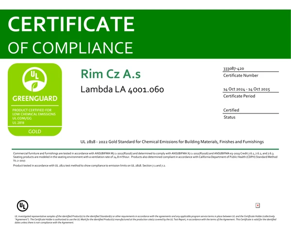 Voorskoubeeld vir die lêer www.rim.cz_r_files_83997_content_certifications_DETAIL_certifications_download_Lambda_Lambda LA 4001.060_GREENGUARD Gold Certification