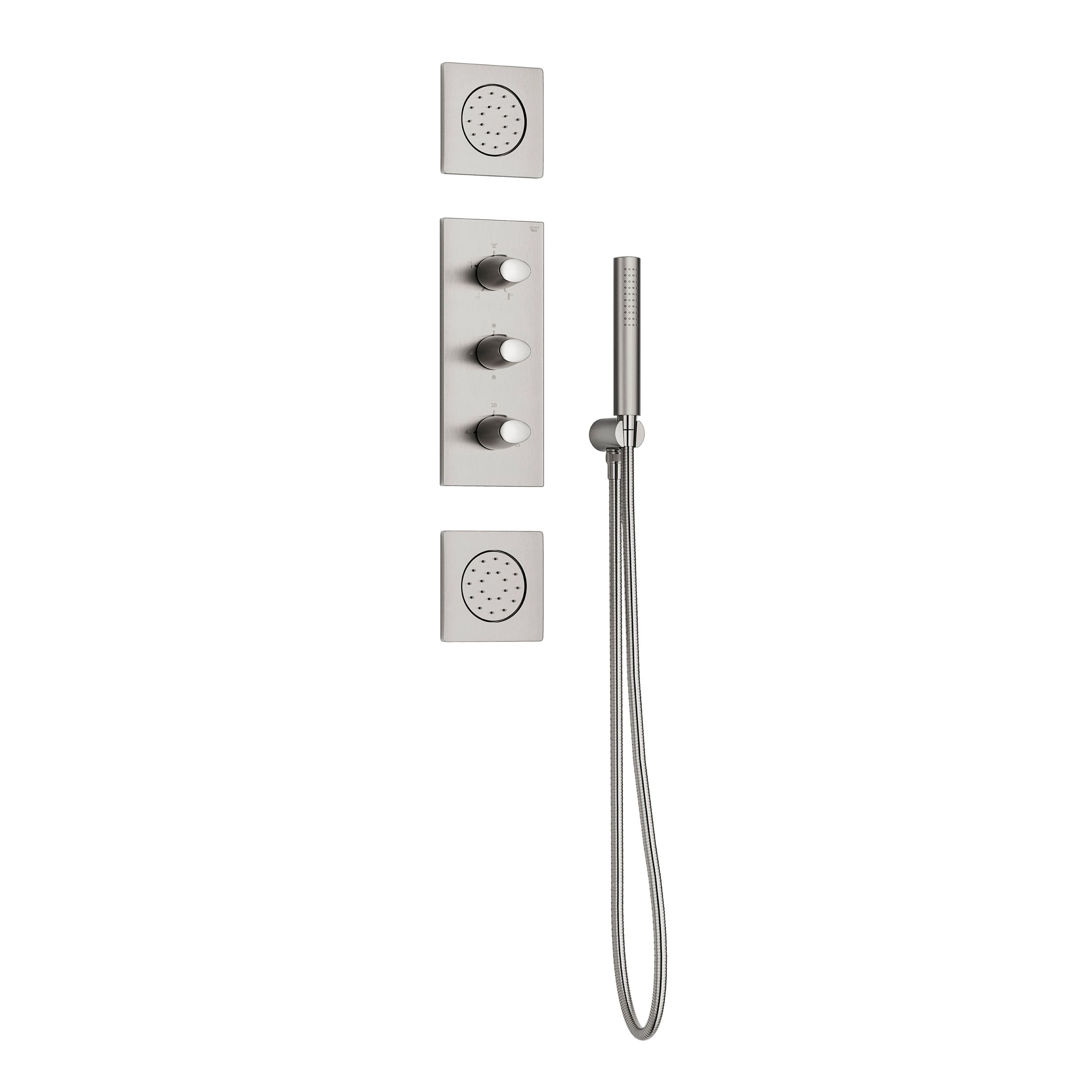 FAUCETS | Built-in thermostatic shower mixer with 5 functions including handshower and 2 shower jets | Brushed Steel