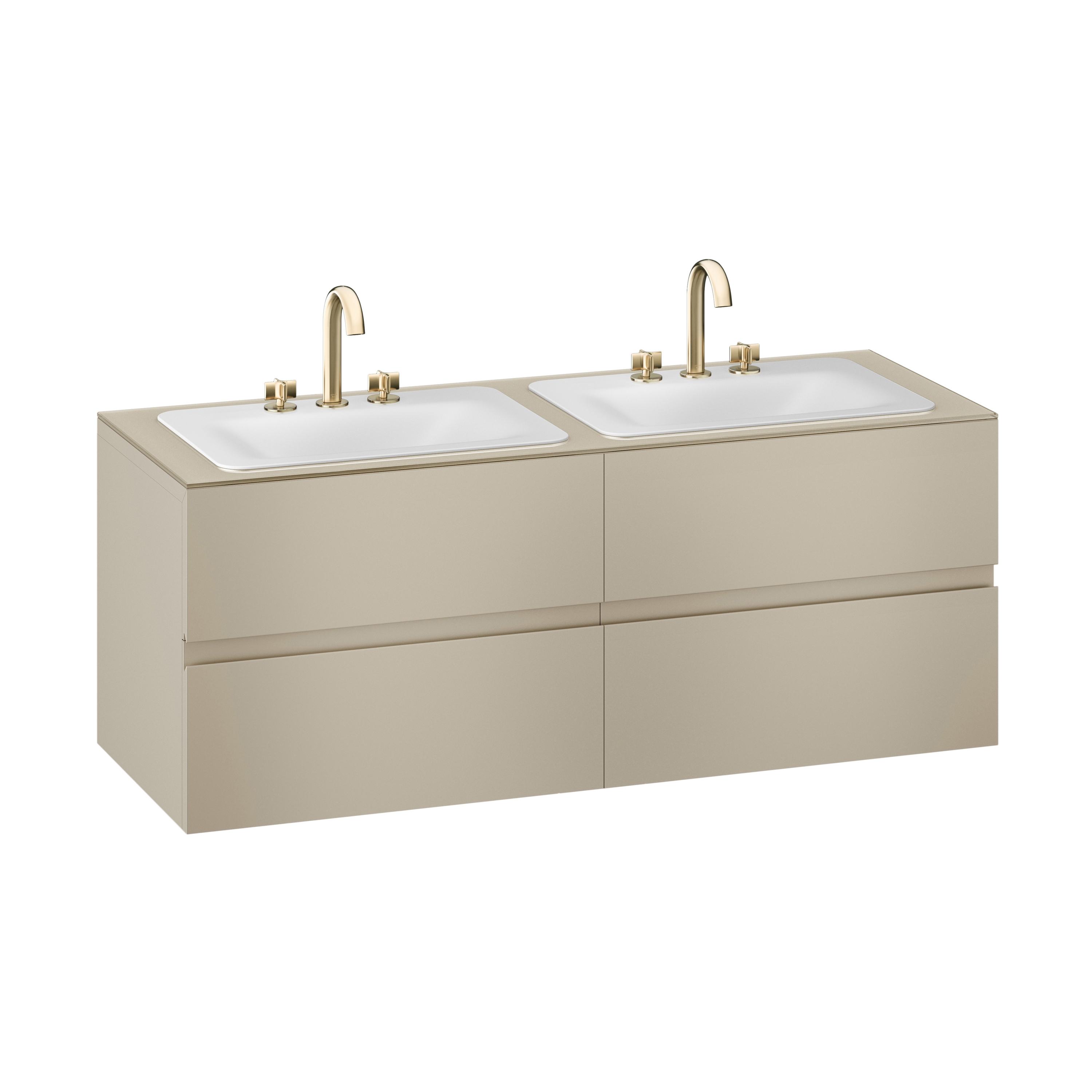 MUEBLES DE BAÑO | Mueble mural de 1550 mm para 2 lavabos de encimera y grifería de repisa
Greige