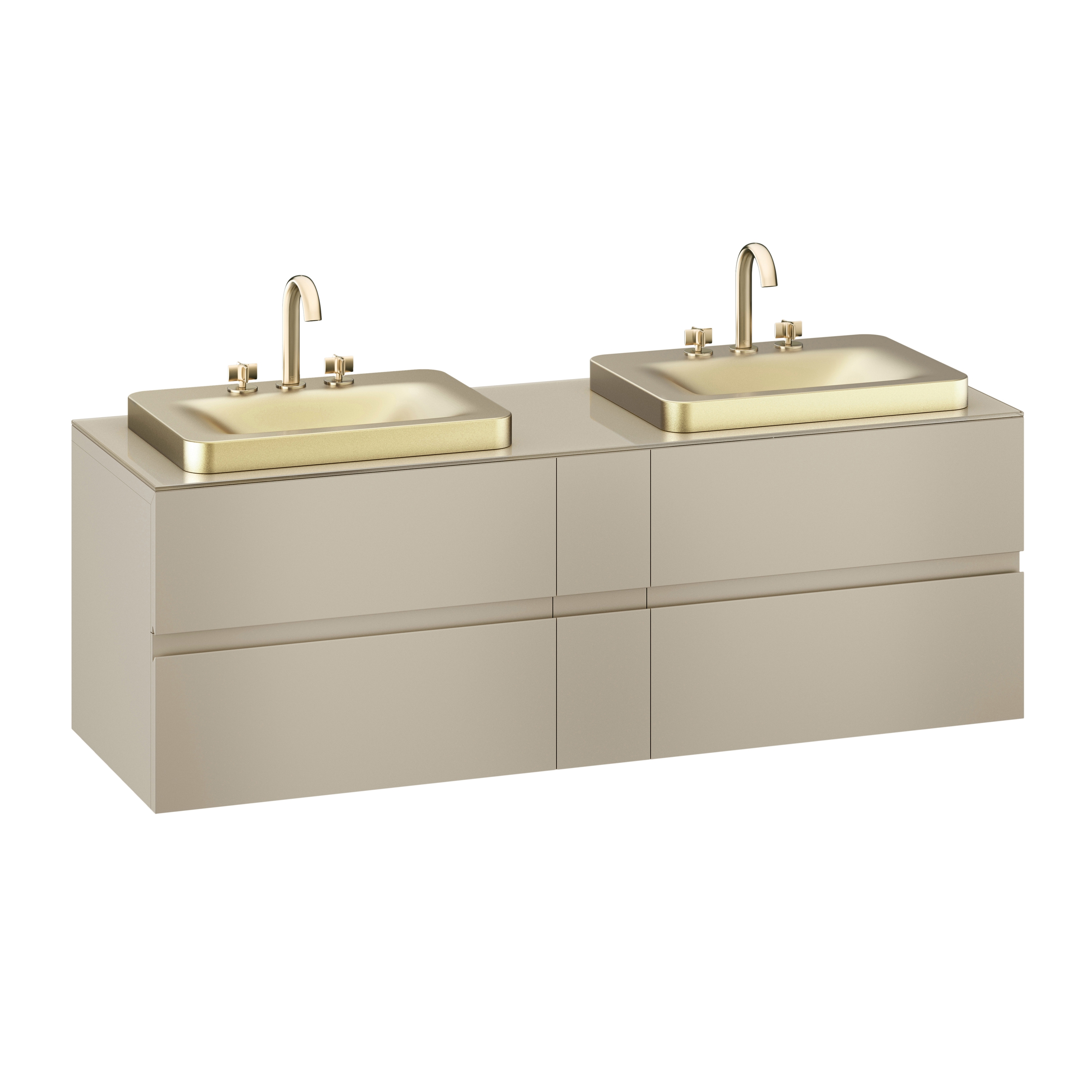 Mostrar el producto MUEBLES DE BAÑO | Mueble mural de 1800 mm para 2 lavabos de sobre encimera y grifería de repisa | Greige del fabricante Armani Roca