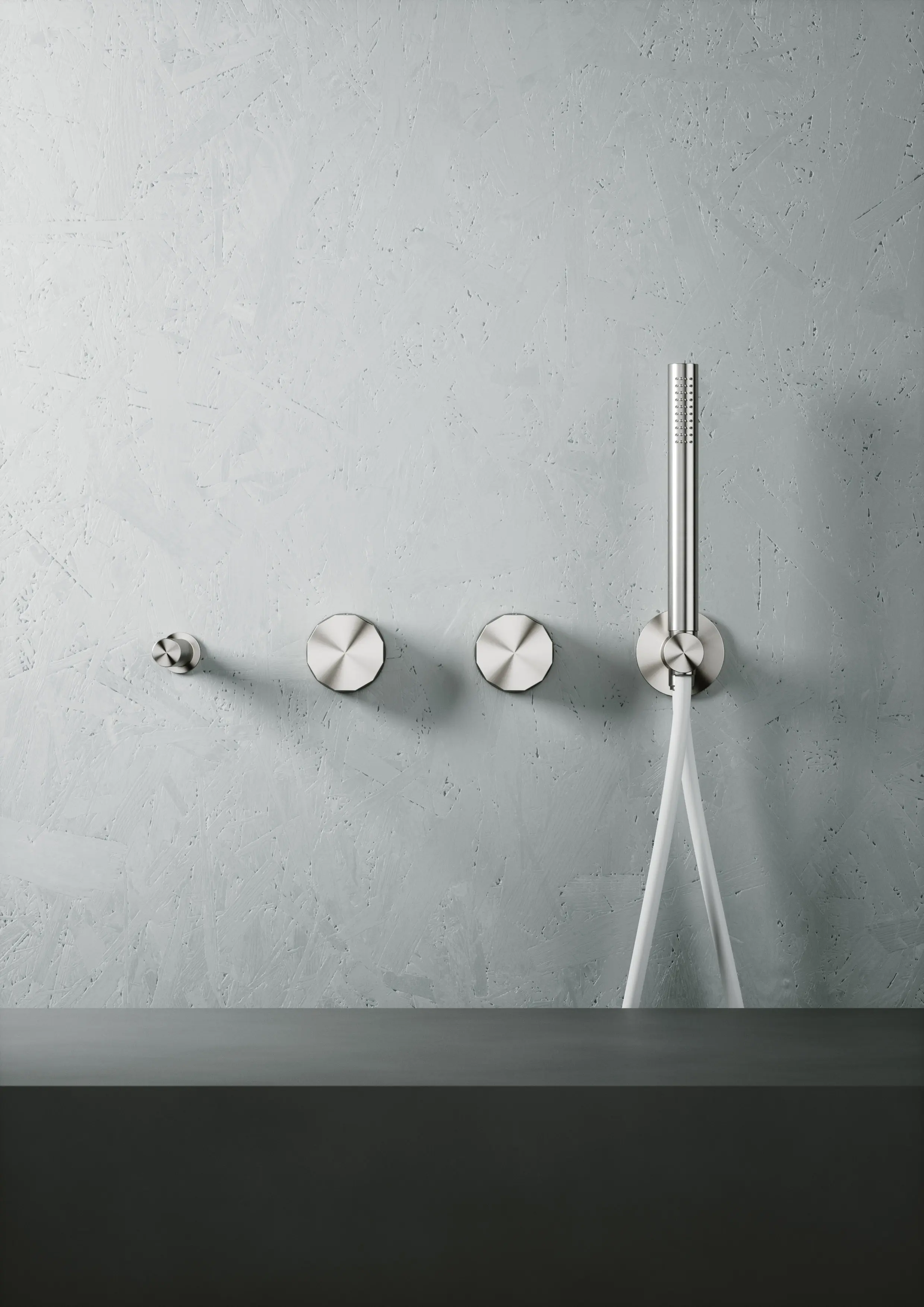 Quadrodesign - Hb | Gruppo 2 miscelatori idroprogressivi a parete con kit doccia e bocca in acciaio inossidabile