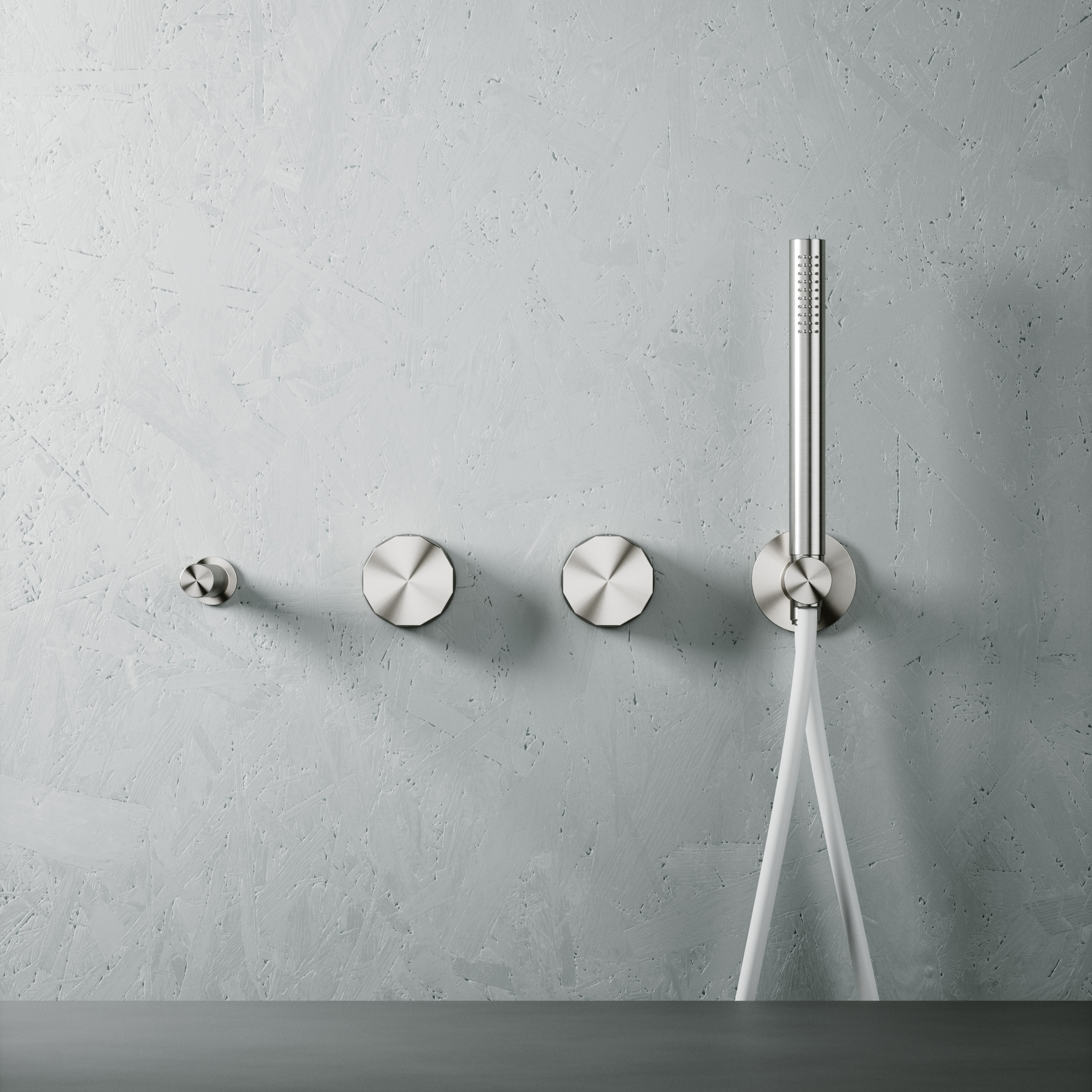 Display product Hb | Stainless steel Wall mounted 2 hydroprogressive mixers set with hand shower and spout from manufacturer Quadrodesign