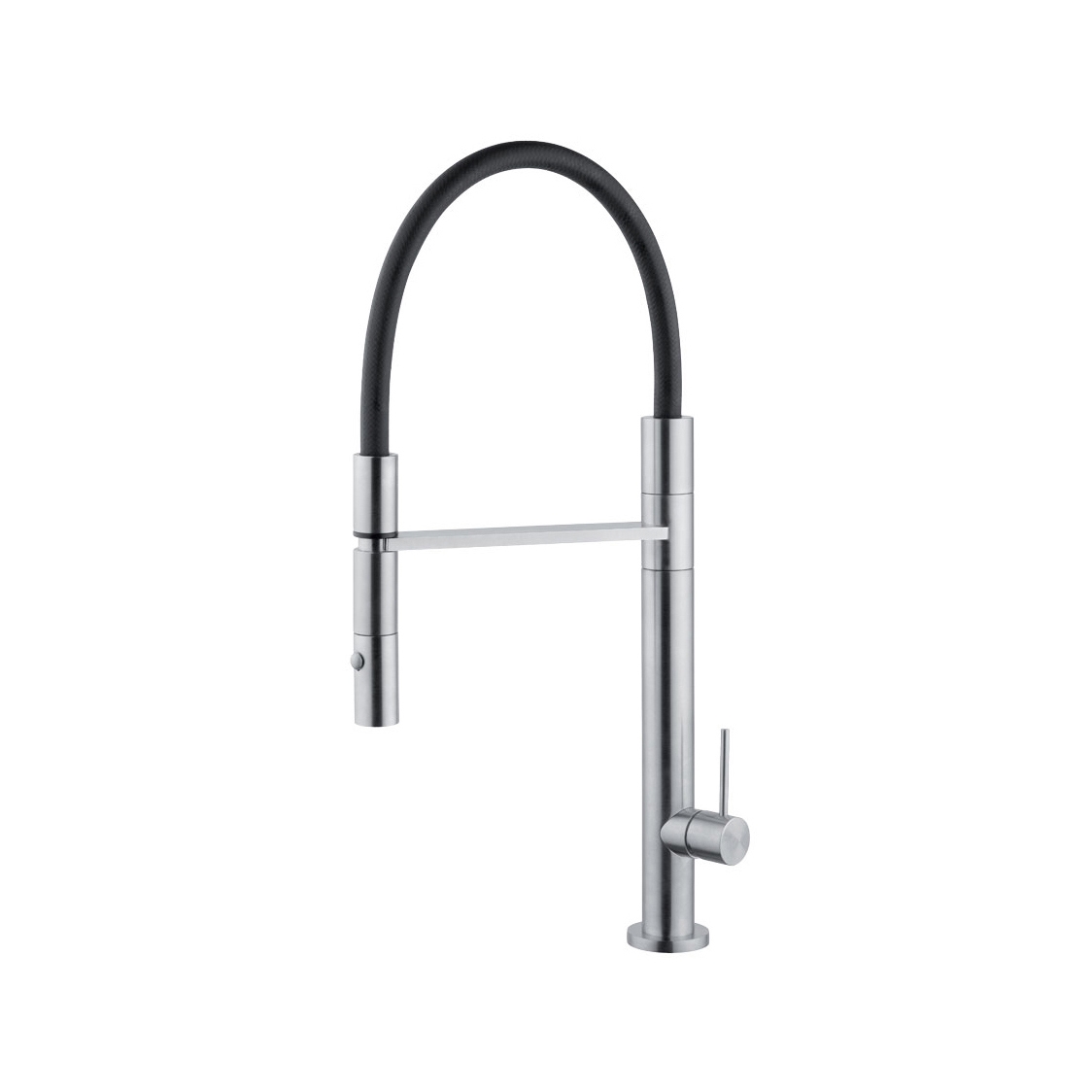 Display product Kitchen Inox | Stainless steel AISI316L Kitchen sink mixer with black
flexible hose and two-jets handshower. New design,
lathe turned manufactured. from manufacturer Quadrodesign