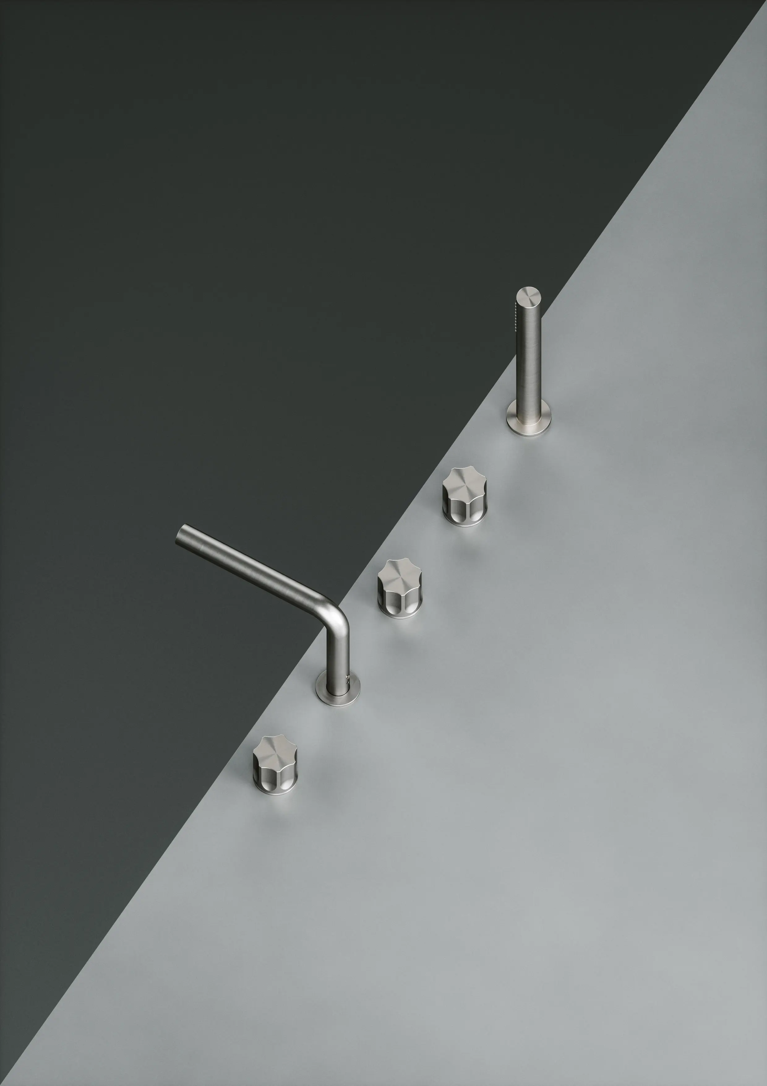 Quadrodesign - Modo | Rubinetto 3 fori con bocca di erogazione e miscelatore idroprogressivo con kit doccia in acciaio inossidabile