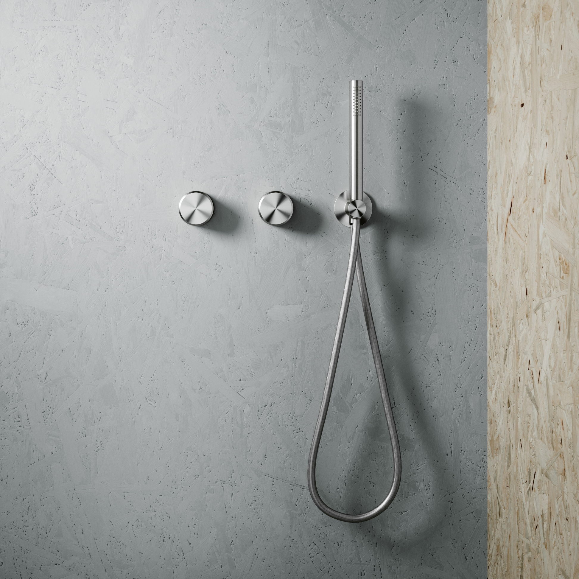 Display product Stereo | Stainless steel Wall mounted 2 hydroprogressive mixers set with hand shower from manufacturer Quadrodesign