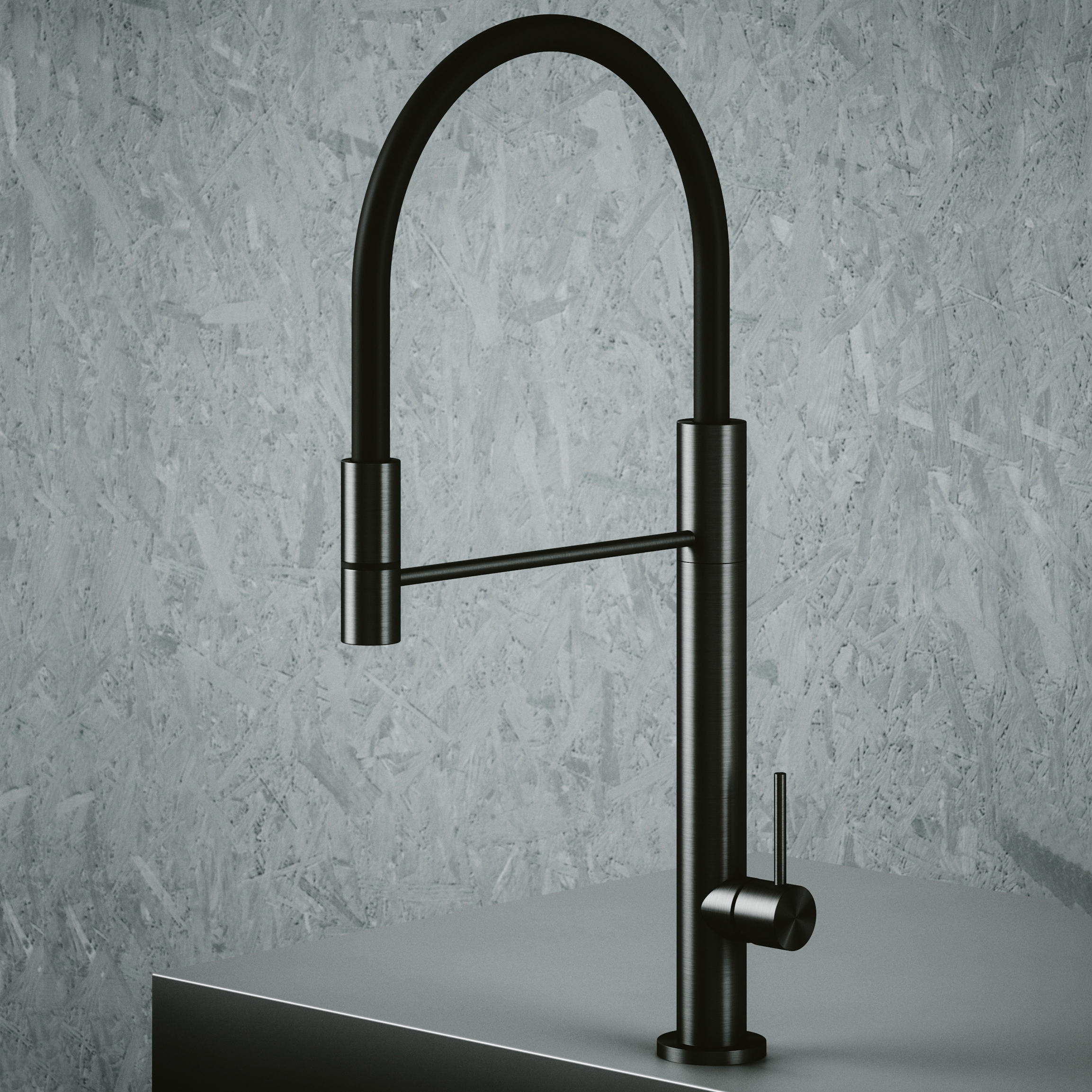 Mostrar el producto Mezclador de fregadero de cocina de acero inoxidable AISI316L con manguera flexible negra y ducha de mano. del fabricante Quadrodesign