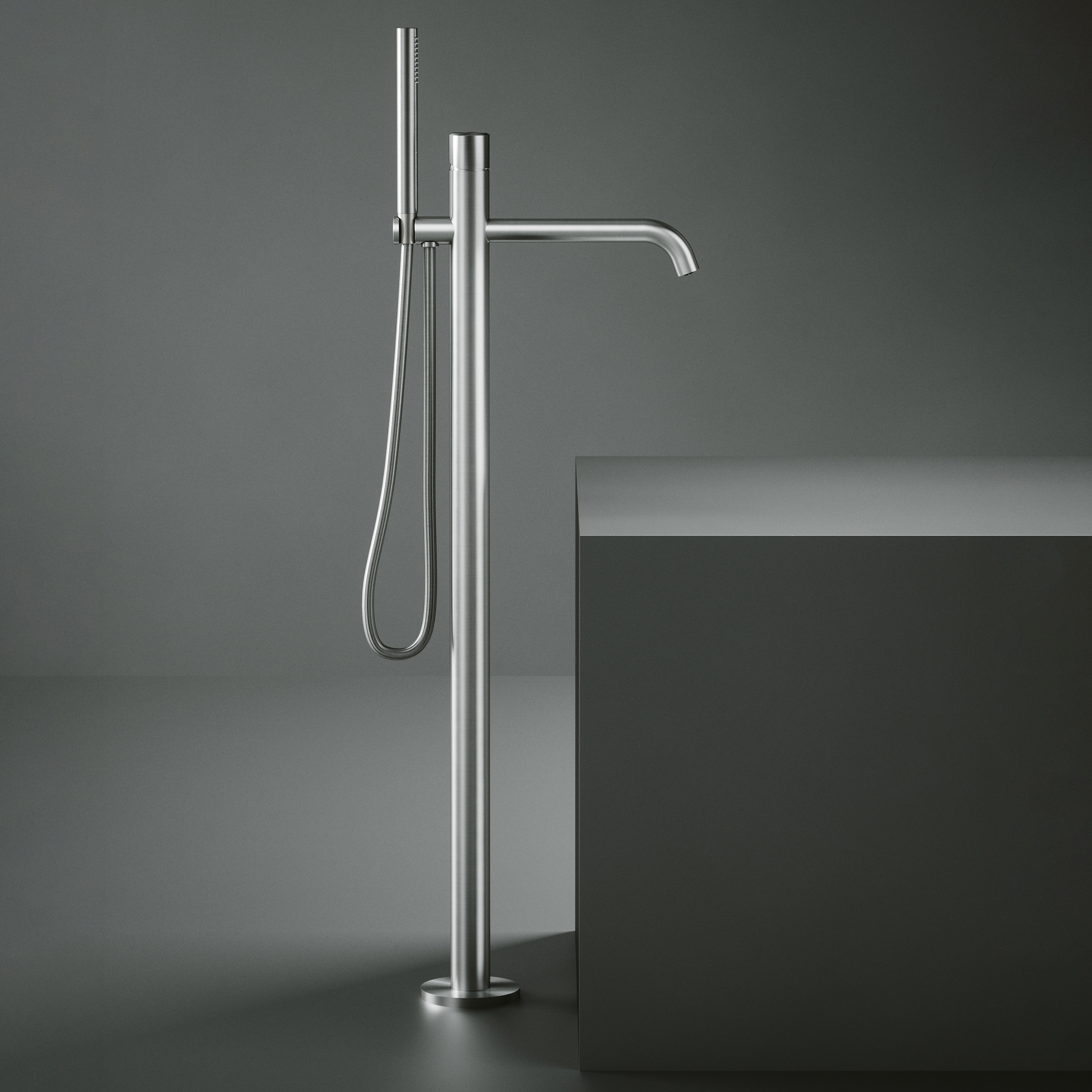 Display product Stereo | High water flow free-standing mixer for bathtub with hand shower kit from manufacturer Quadrodesign