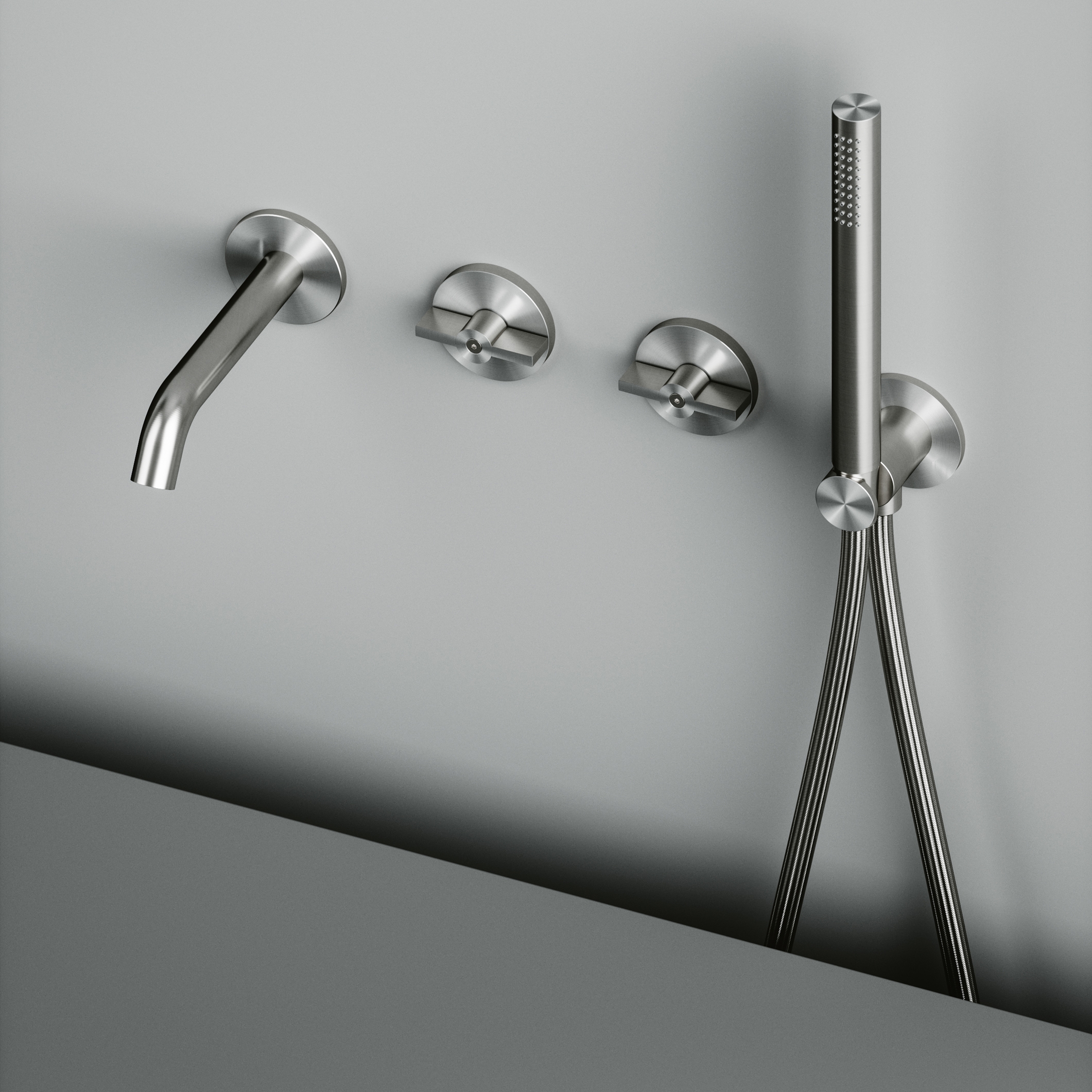 Display product Valvola01 | Set of 2 hydroprogressive mixers for bathtub with spout and hand shower from manufacturer Quadrodesign