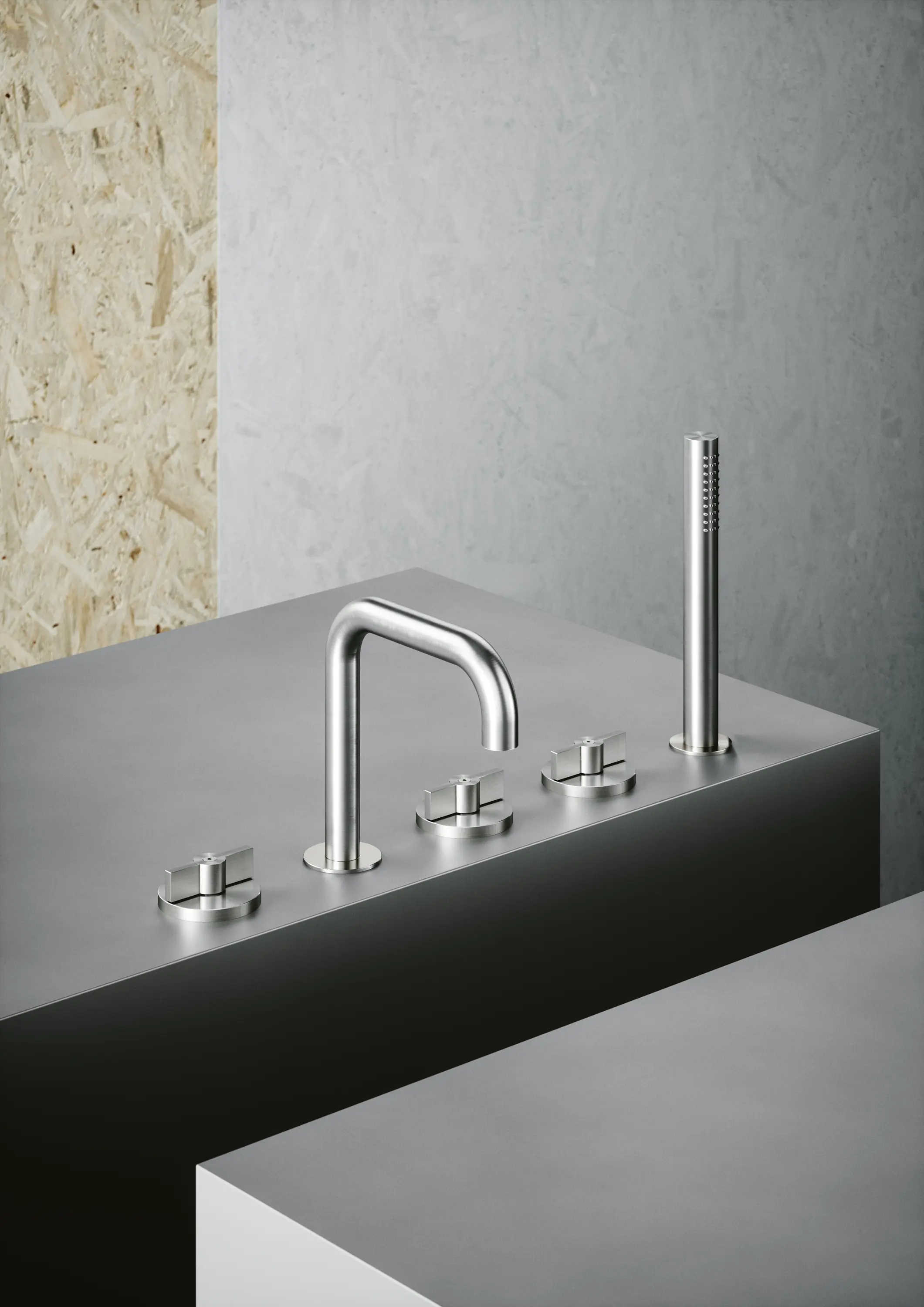 Quadrodesign - Valvola01 | Three hole tap with swivelling spout and hydroprogressive mixer with handshower kit