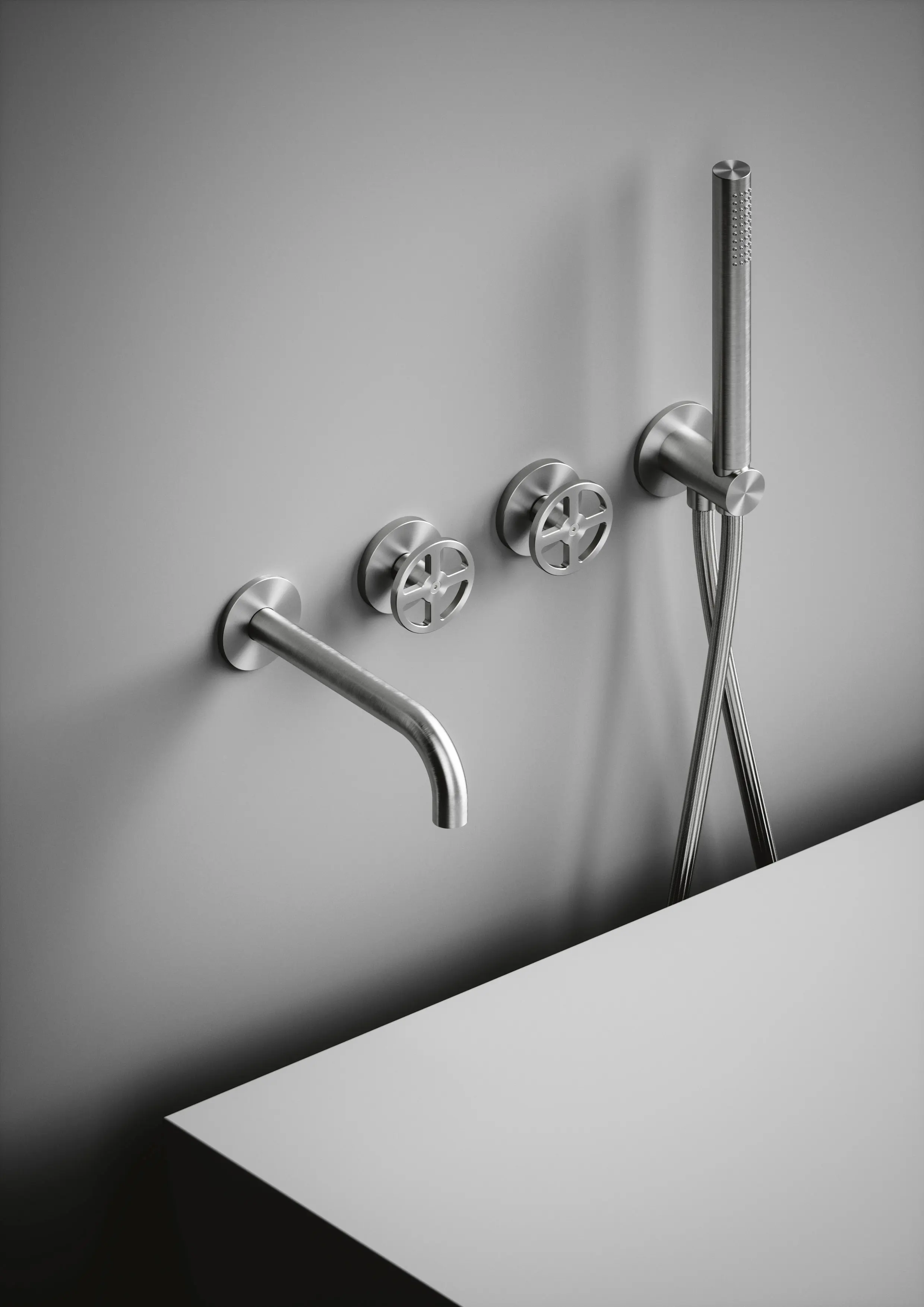 Quadrodesign - Valvola02 | Set of 2 hydroprogressive mixers for bathtub with spout and hand shower.
