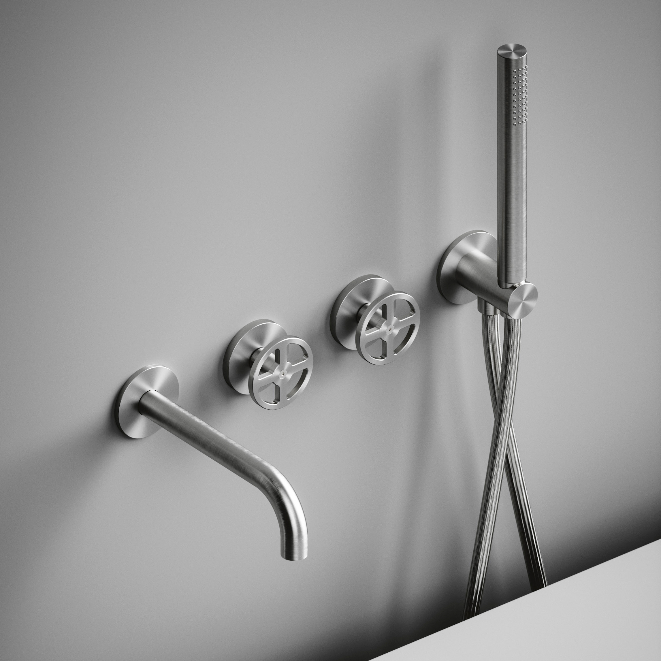 Display product Valvola02 | Set of 2 hydroprogressive mixers for bathtub with spout and hand shower. from manufacturer Quadrodesign