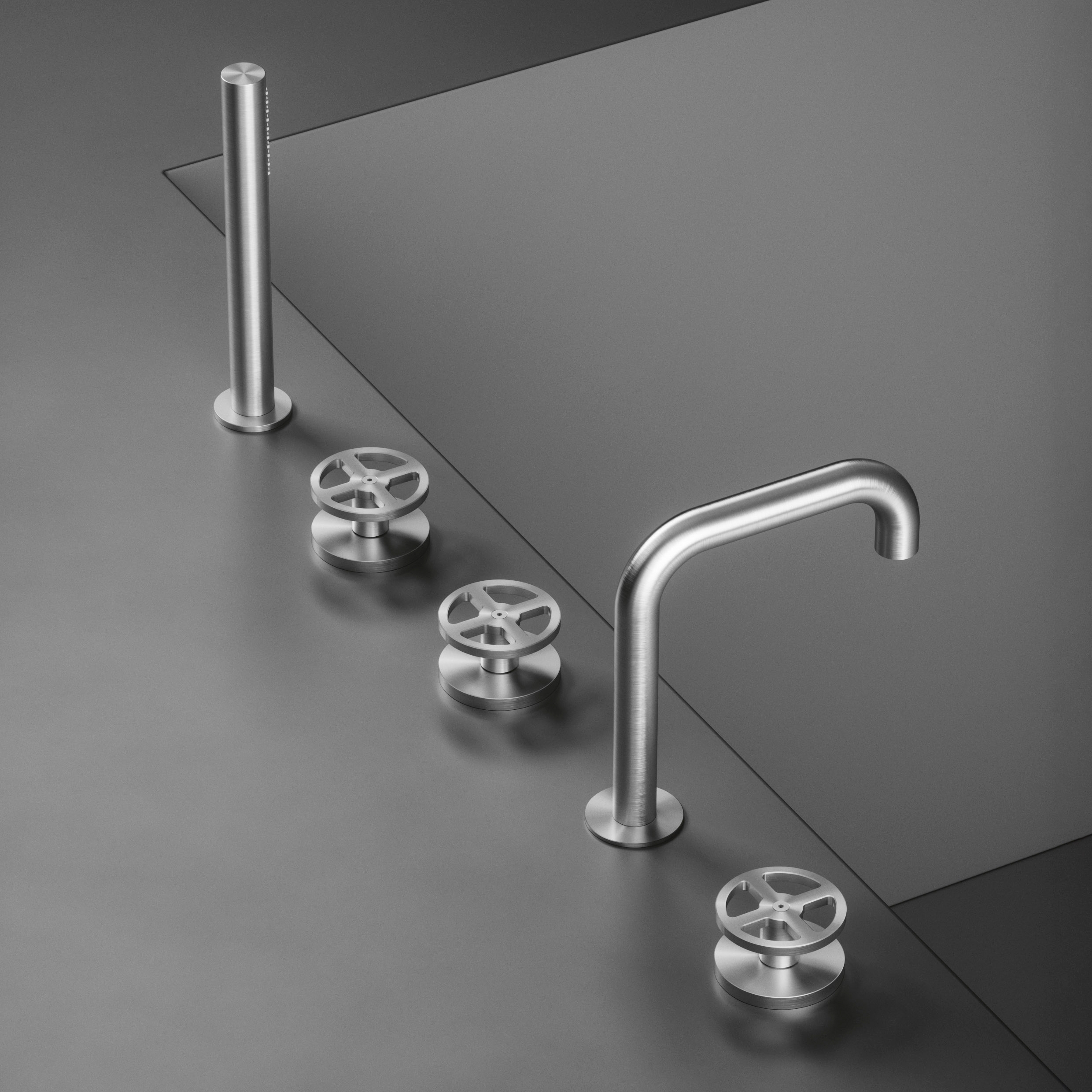 Display product Valvola02 | Three hole tap with swivelling spout and hydroprogressive mixer with handshower kit. from manufacturer Quadrodesign