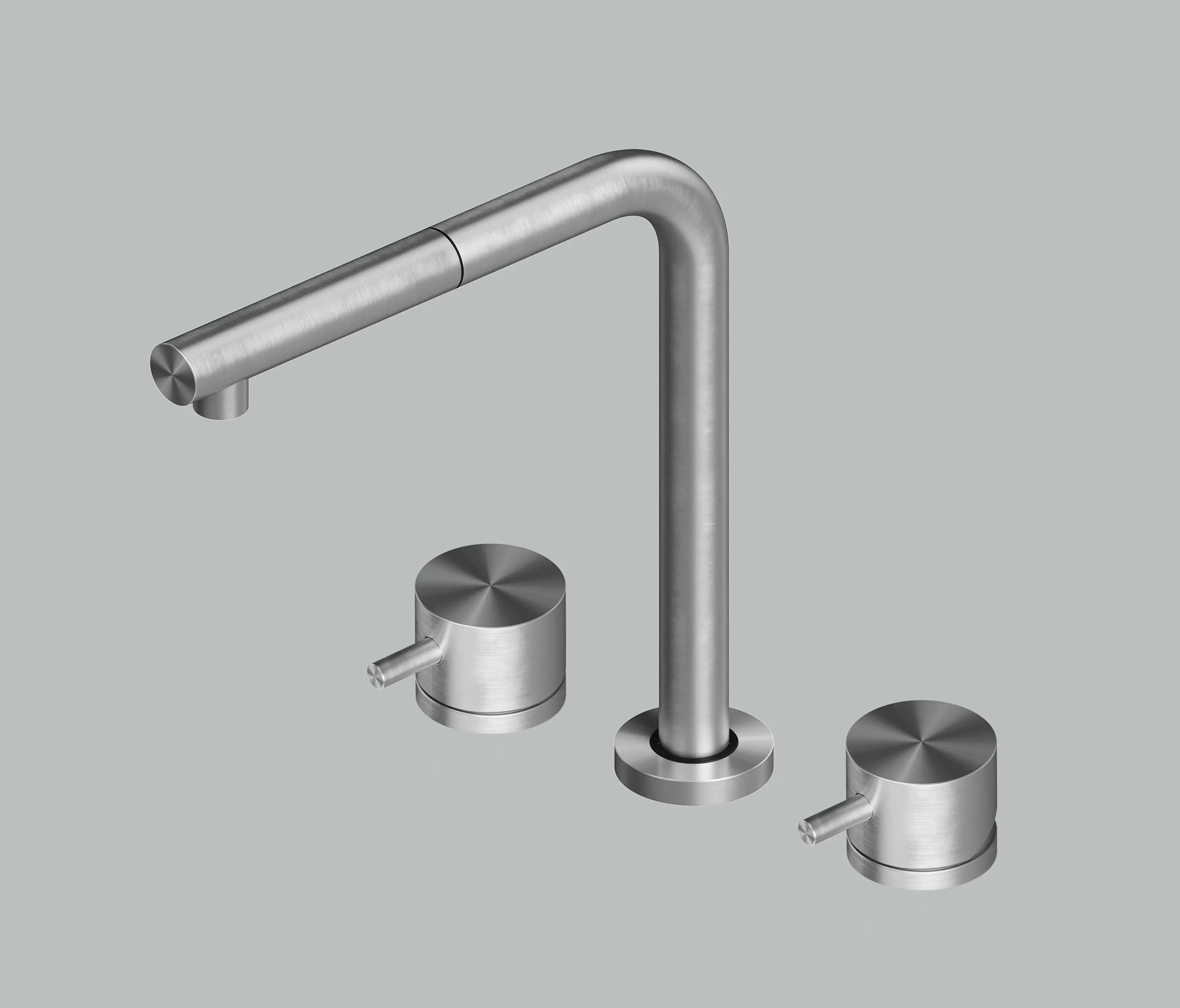 Quadrodesign - AISI316L stainless steel deck mounted mixer set with swivelling,collapsible and extractable spout, with remote control for watertreatment. Collapses down to 6cm.