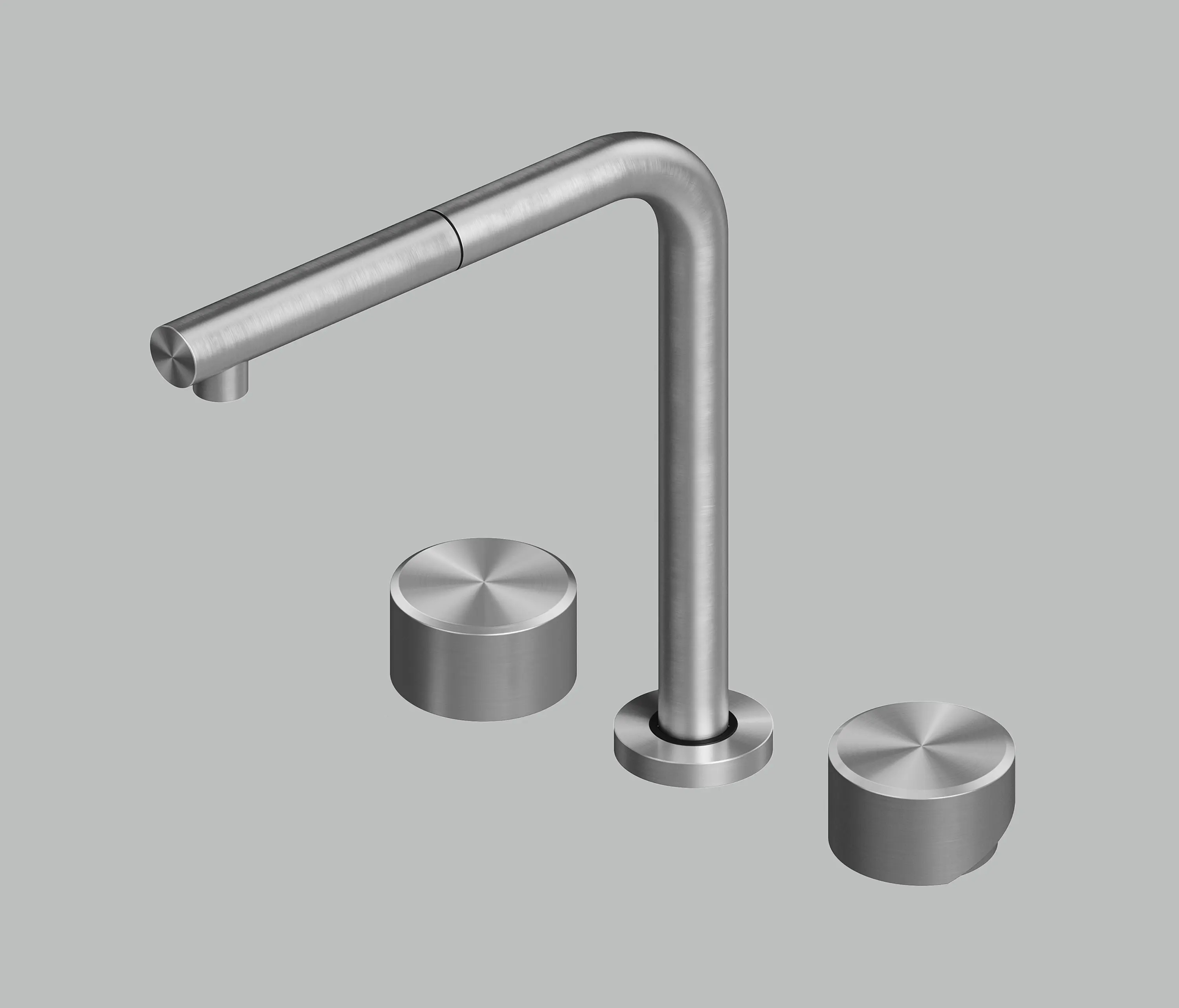 Quadrodesign - AISI316L stainless steel deck mounted mixer set with swivelling, collapsible
and extractable spout, with remote control for water treatment. Collapses
down to 6cm.