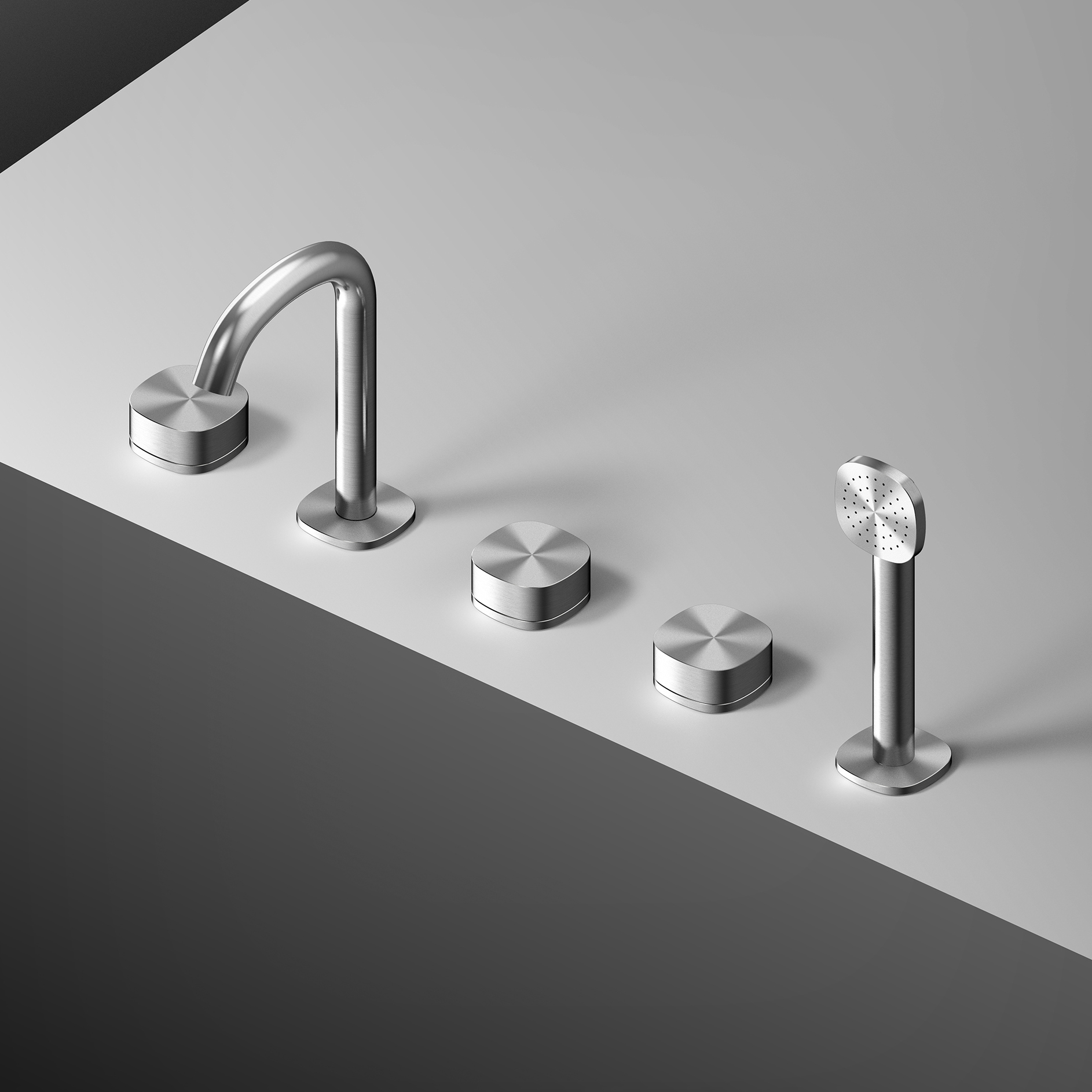 Display product Super | Three hole edge bath tap with spout and progressive mixer with shower kit from manufacturer Quadrodesign